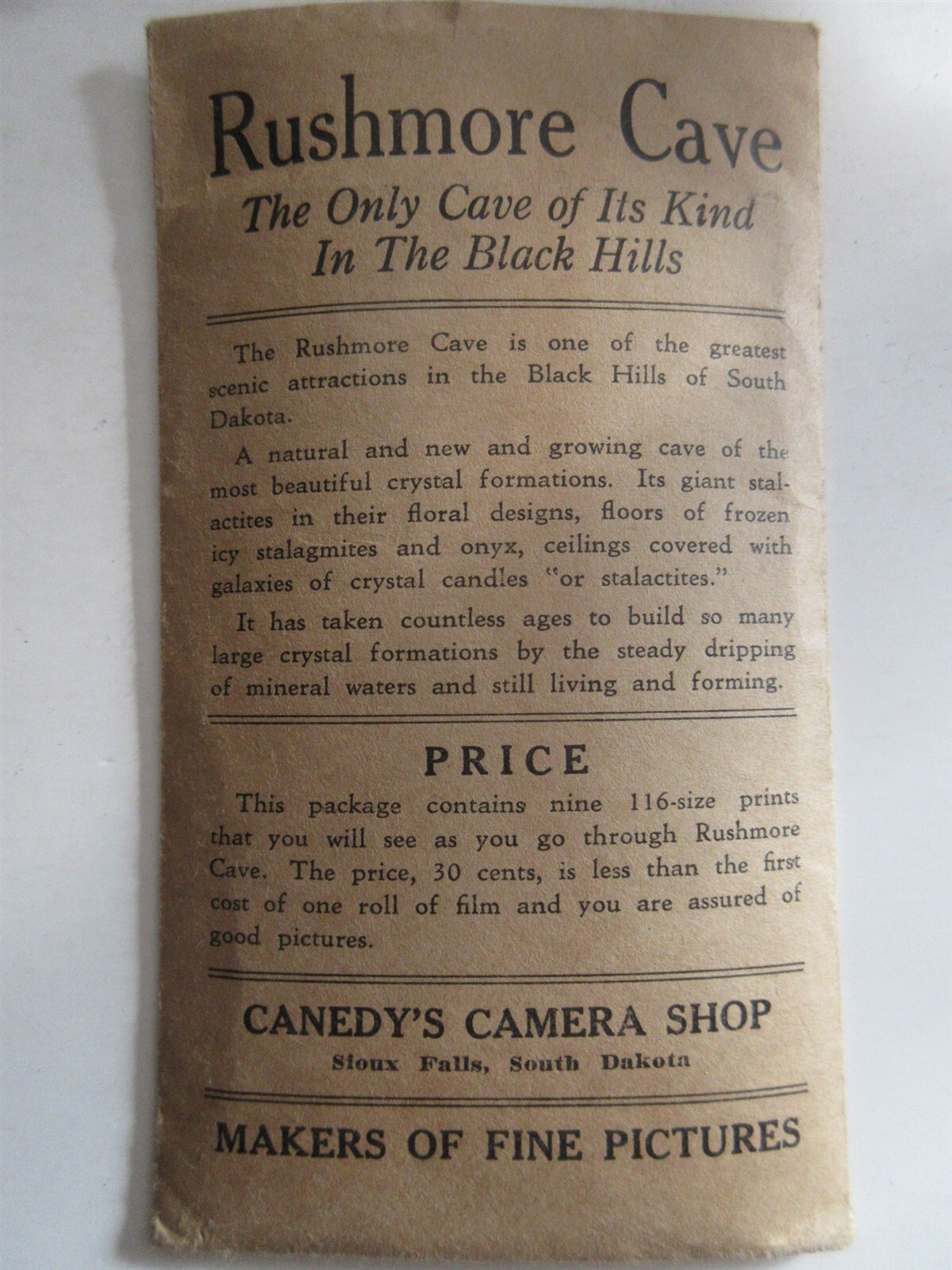 vintage Rushmore Cave 9 photos in envelope Canedy’s Camera Shop South Dakota