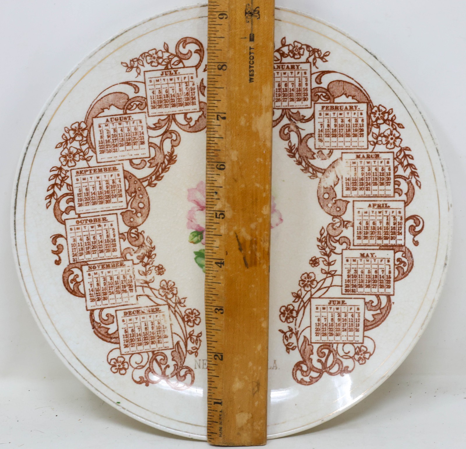 Antique 1909 Souvenir Calendar Plate Newkirk Oklahoma Pink Rose American ChinaCo