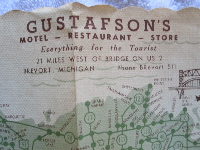 Vintage Gustafson’s Motel, Restaurant, Store, Brevort, Michigan Placemat
