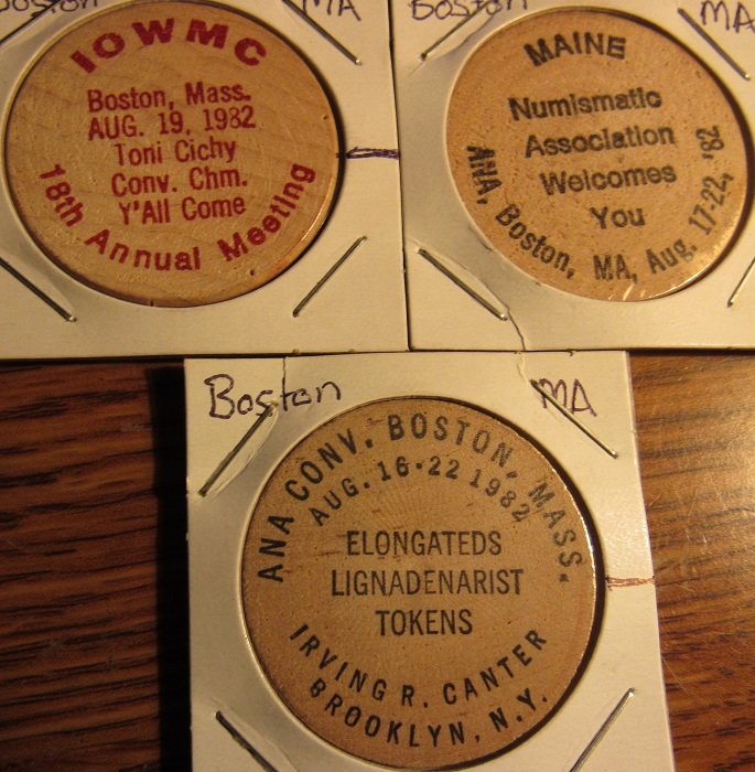 3 different 1982 A.N.A. Coin Show Boston, MA Wooden Nickels – Massachusetts