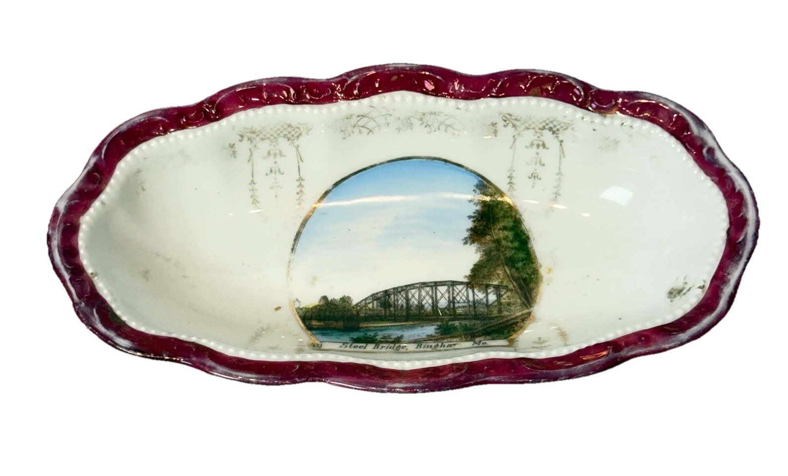 BINGHAM MAINE ME Antique Souvenir STEEL BRIDGE TRINKET DISH PLATE