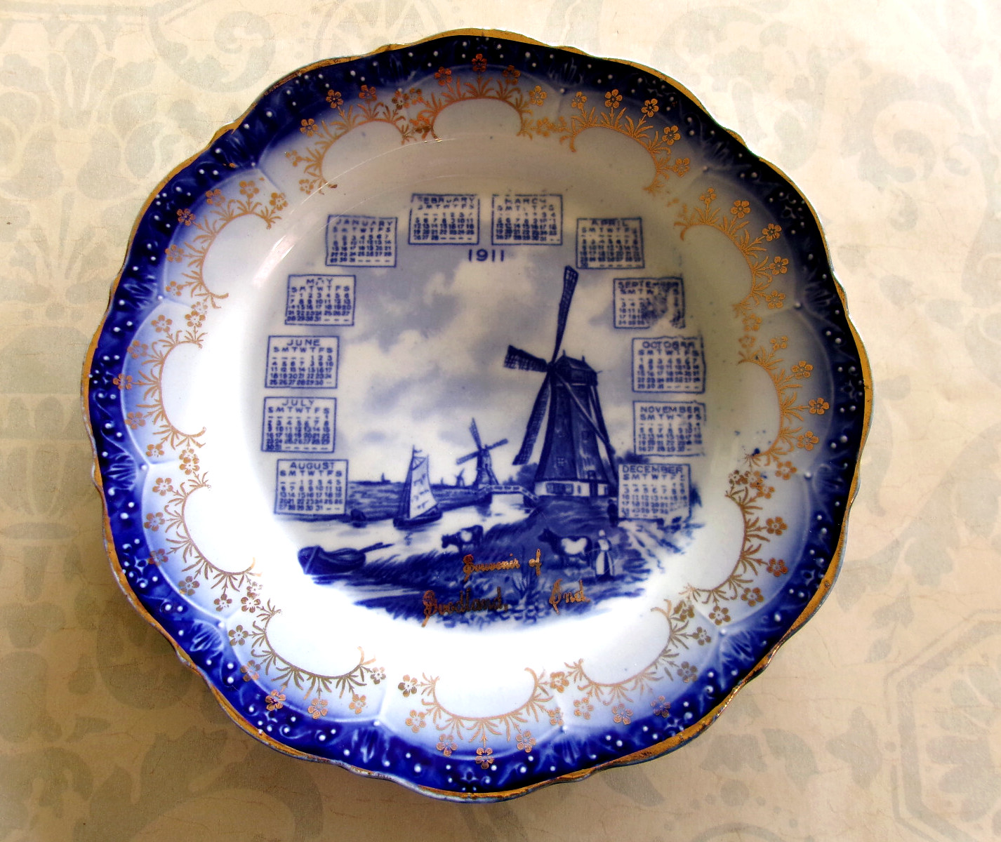 Souvenir 1911 Porcelain Antique Calendar Plate Goodland Indiana Windmill Scene
