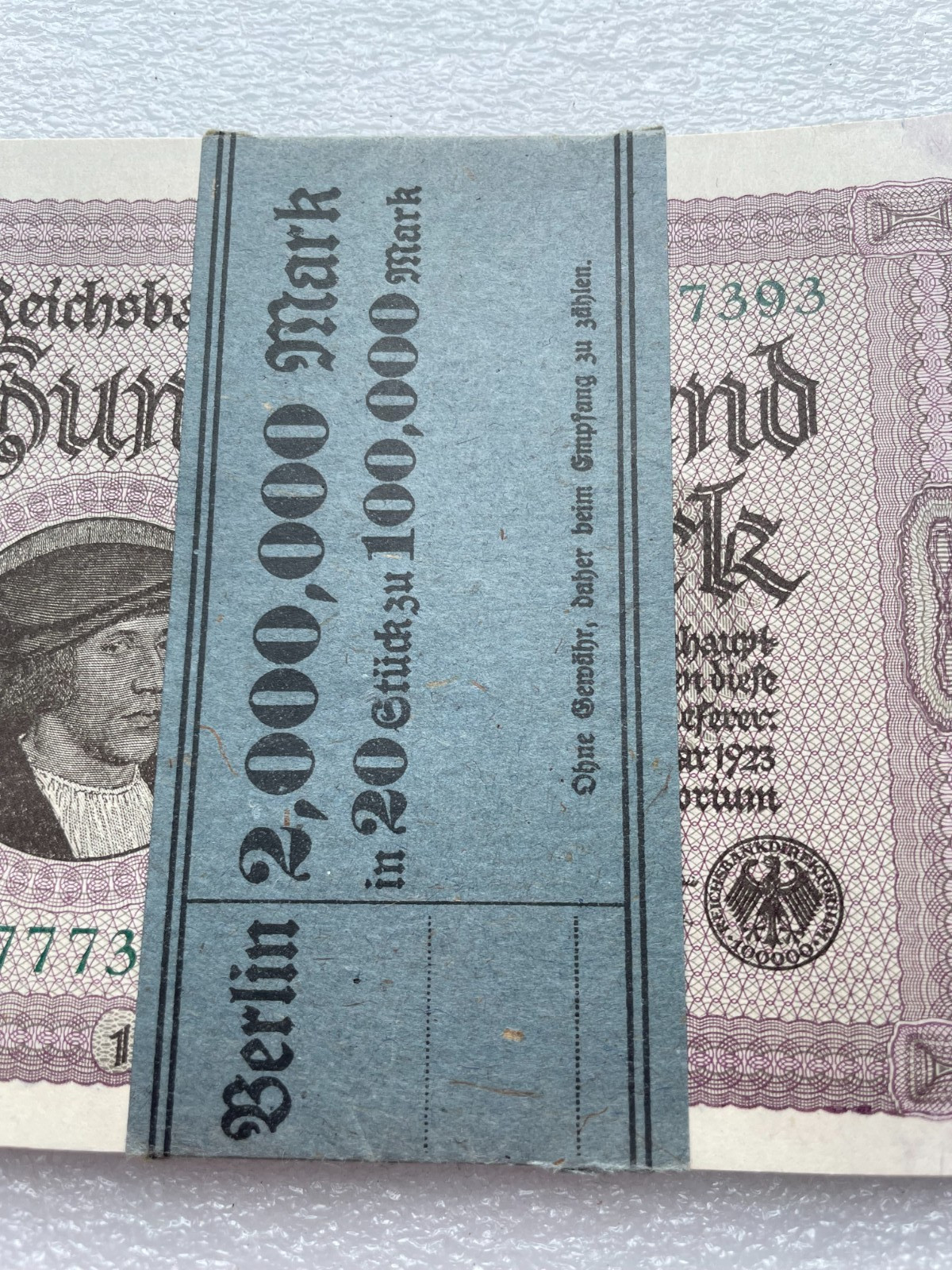 1923 ORIGINAL BUNDLE OF 20 100,000 GERMAN MARKS UNCIRCULATED CONSECUTIVE BANK