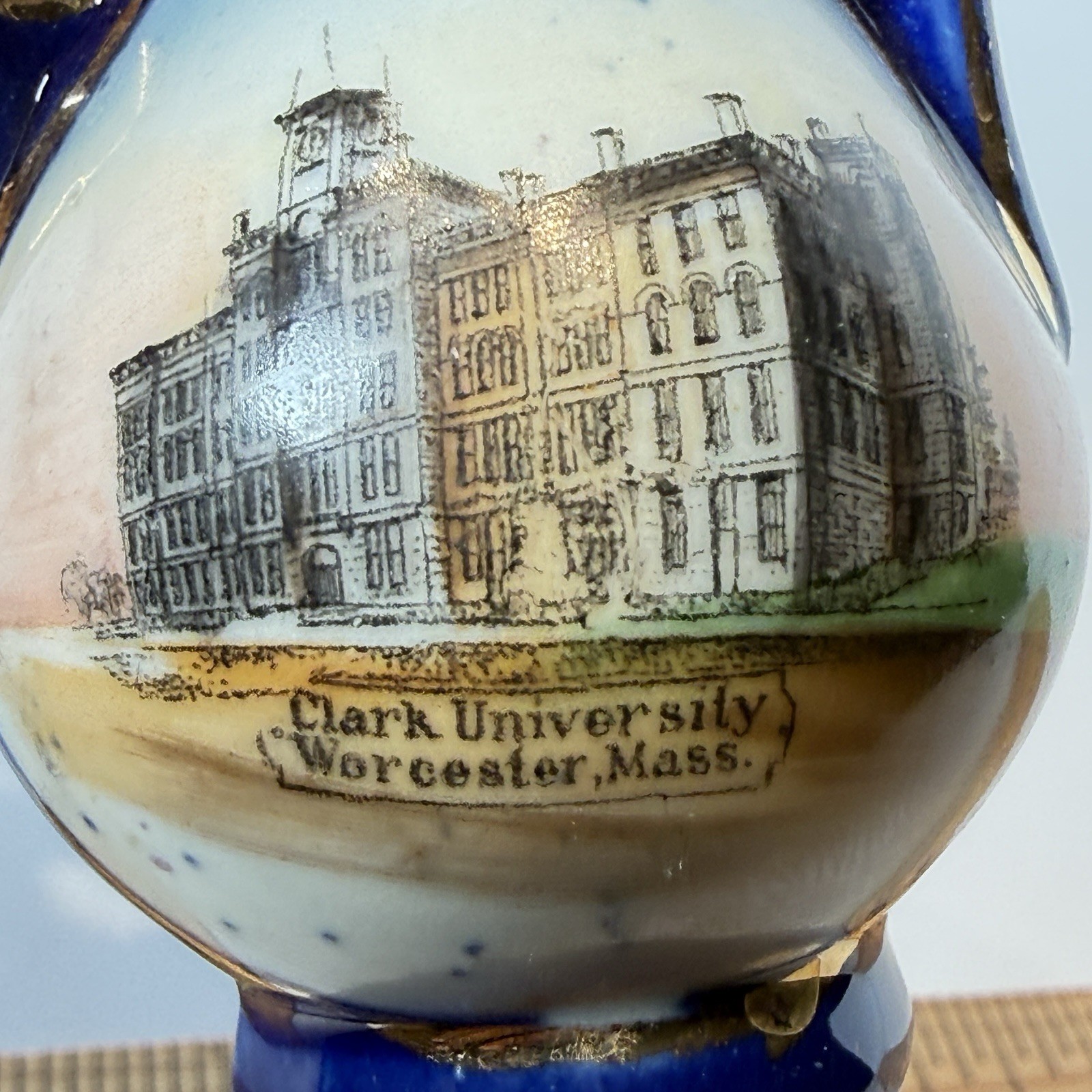 WORCESTER MA Massachusetts Souvenir CLARK UNIVERSITY Porcelain COBALT TRINKET