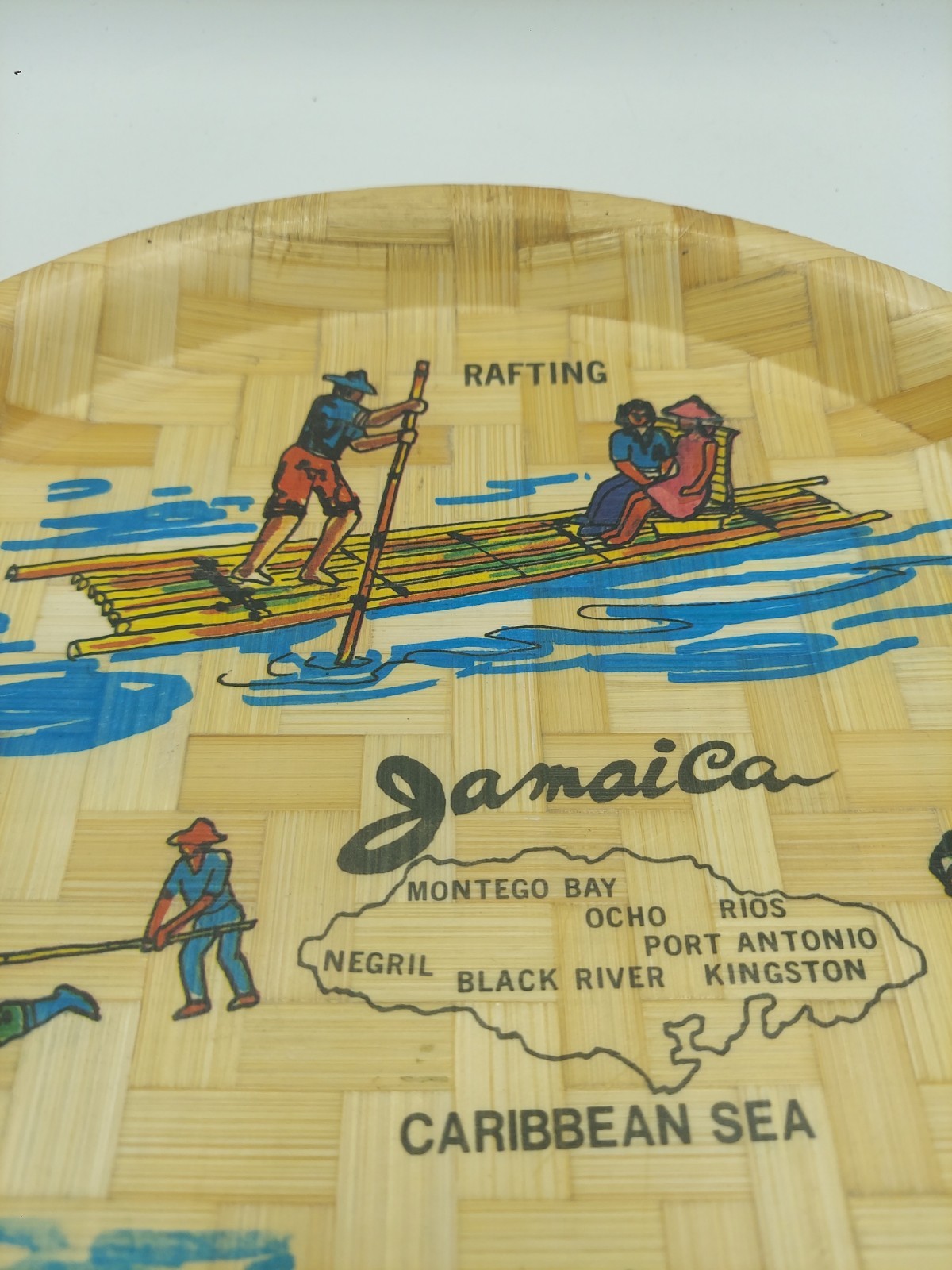Jamaica Souvenir Bamboo Plate, Depicts Rafting Limbo Steel Drummer, 11″ Round