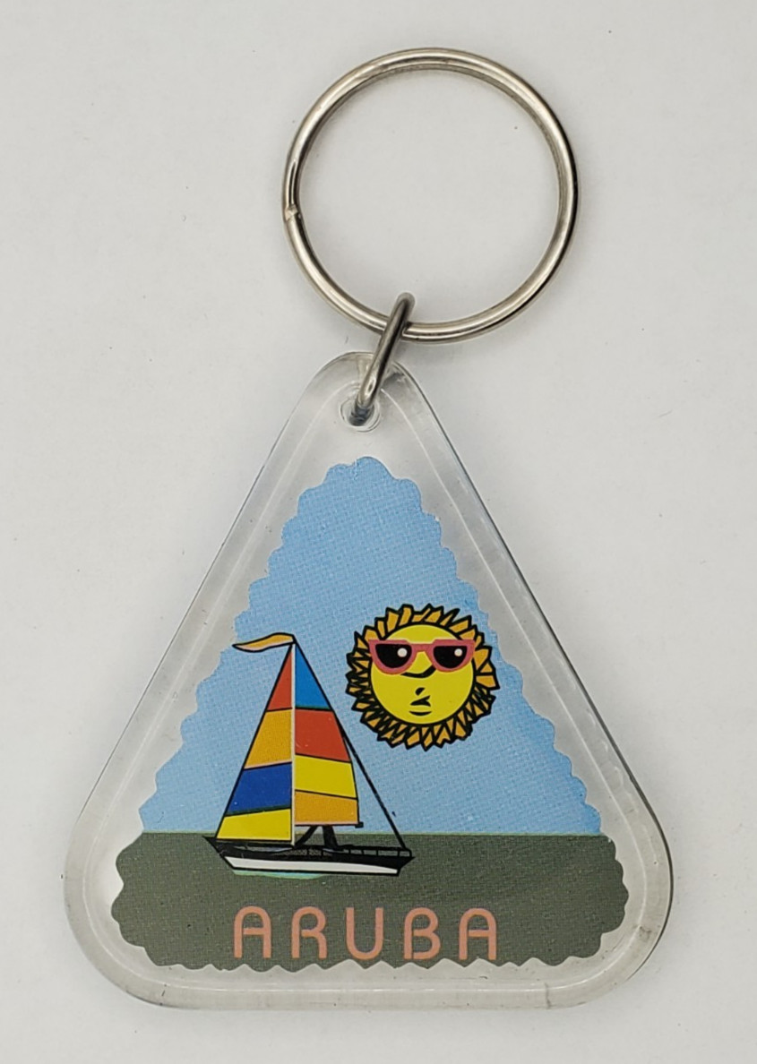 Two Sided Aruba Souvenir Acrylic Keychain Keyring Unusual Triangle Shape