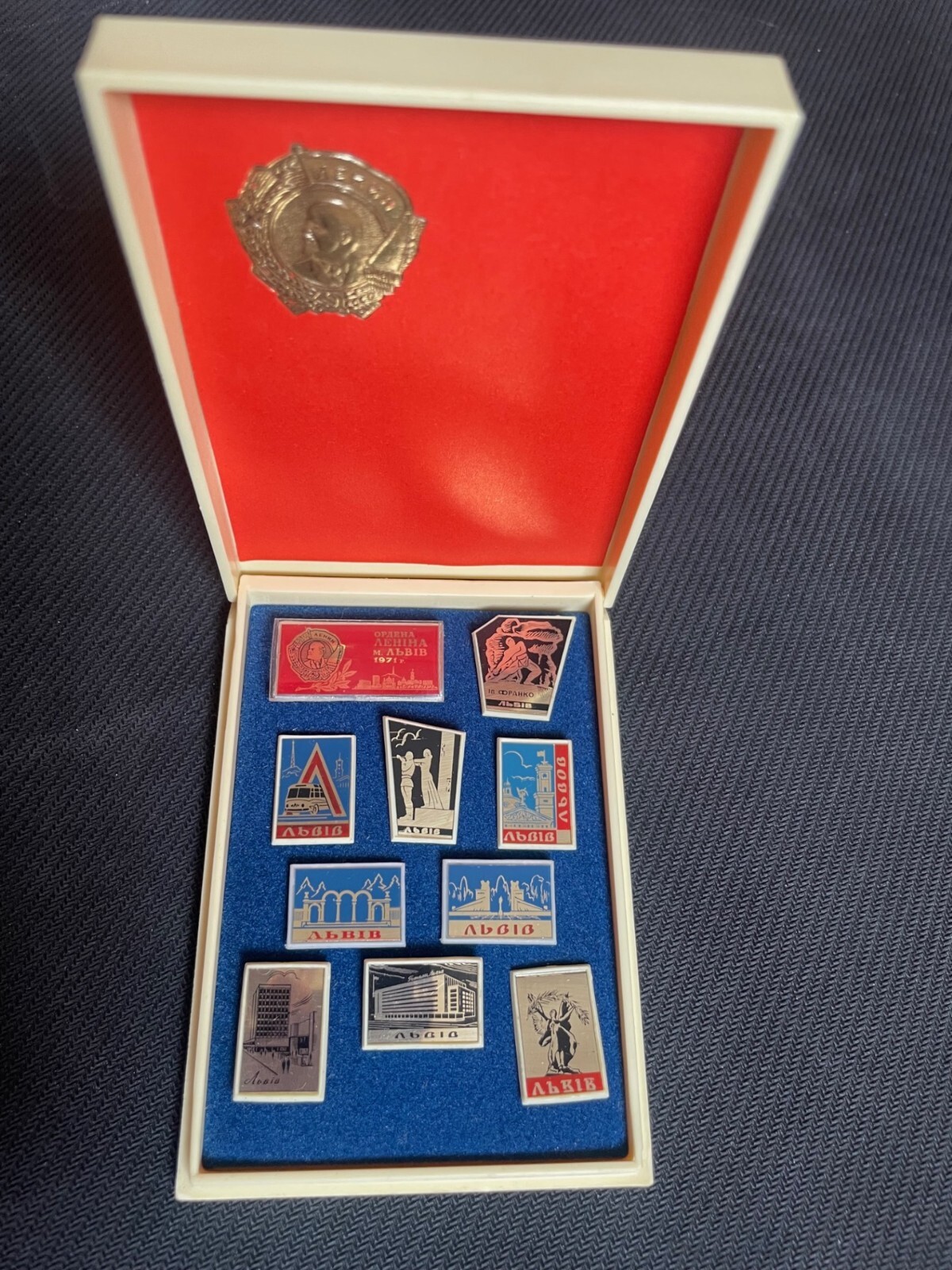 Set of 10 Ukrainian badges of Lviv city in original box, about 1971