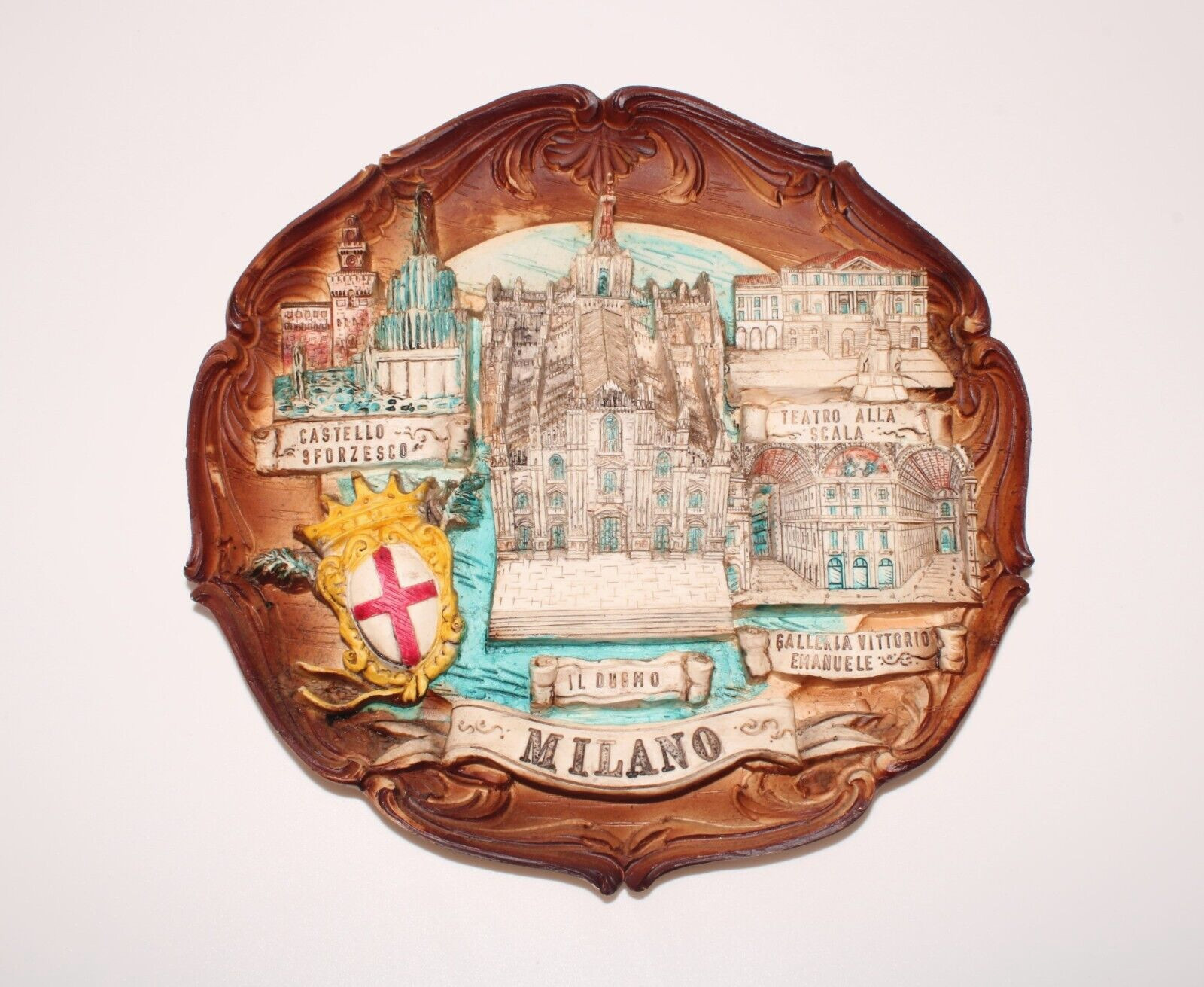 VTG Milano Italy Carved Wood Wall Plaque Resin Multicolor 9” Souvenir 3D