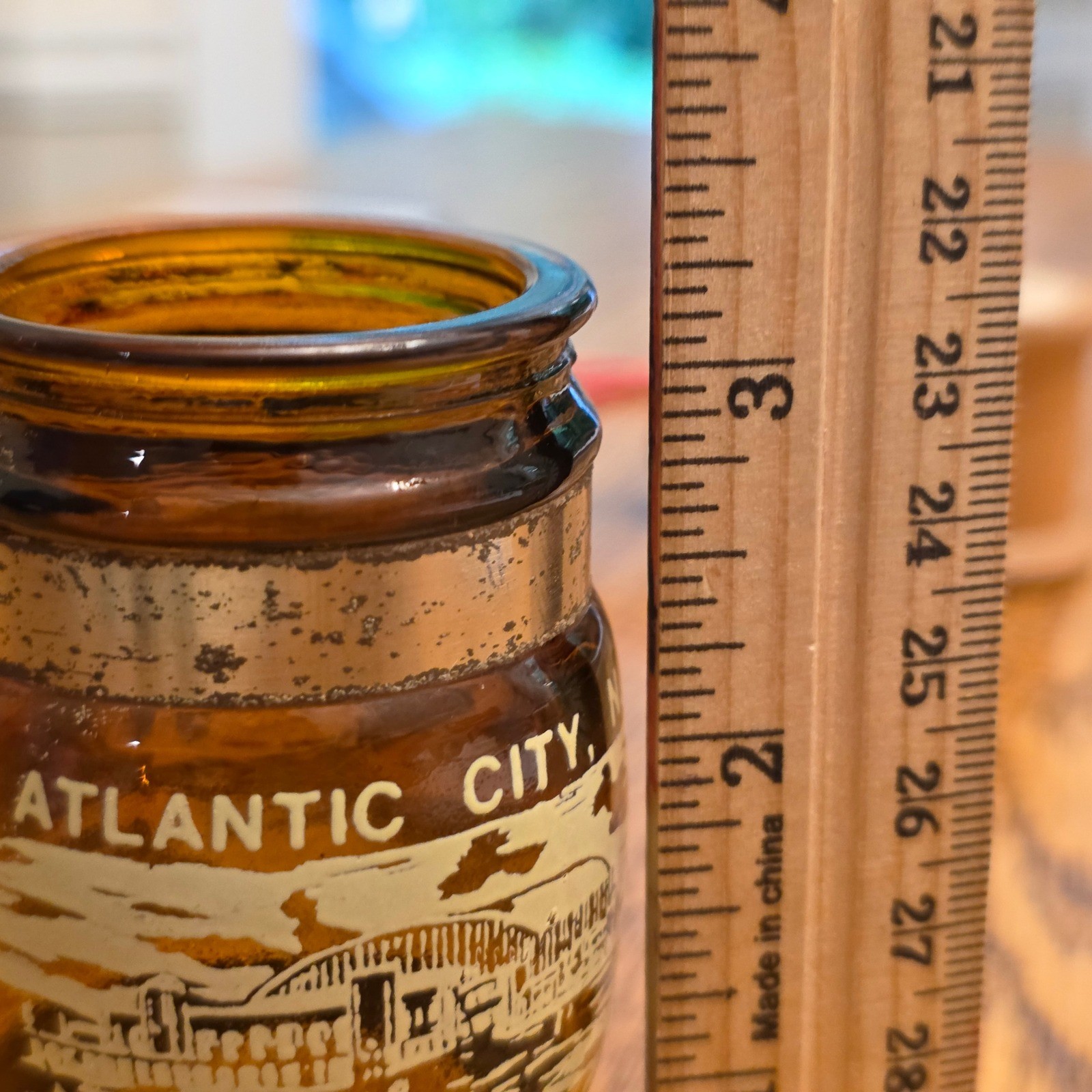 Vintage Atlantic City NJ Amber Glass Mini Souvenir Mug Steel Pier Wood Handle