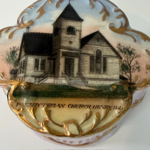 Early 1900s Henry Illinois Presbyterian Church Souvenir Trinket Box Lid Wheelock