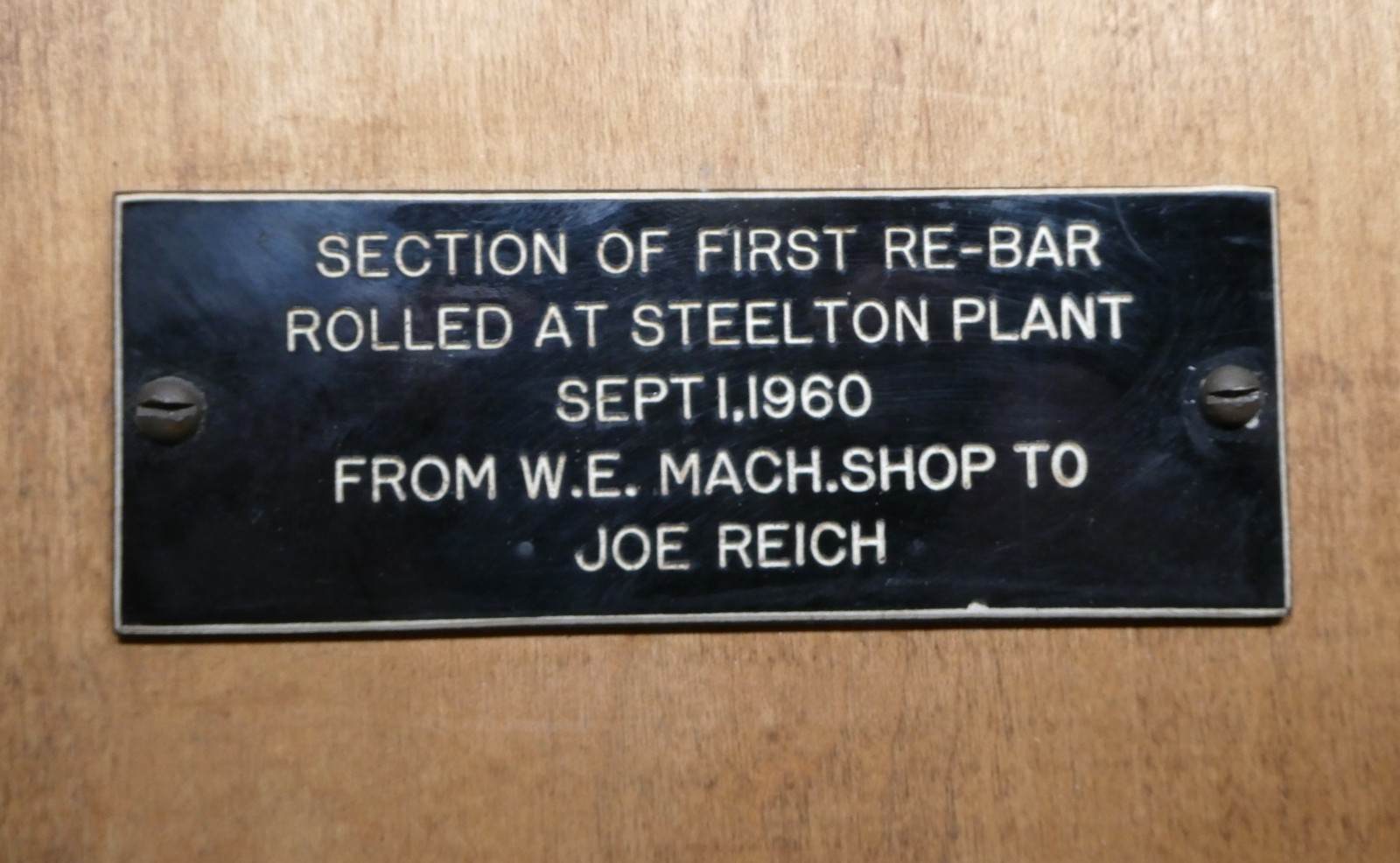 Bethlehem Steel – Steelton PA. Plant First Re-Bar Rolled Sept 1 1960 Plaque