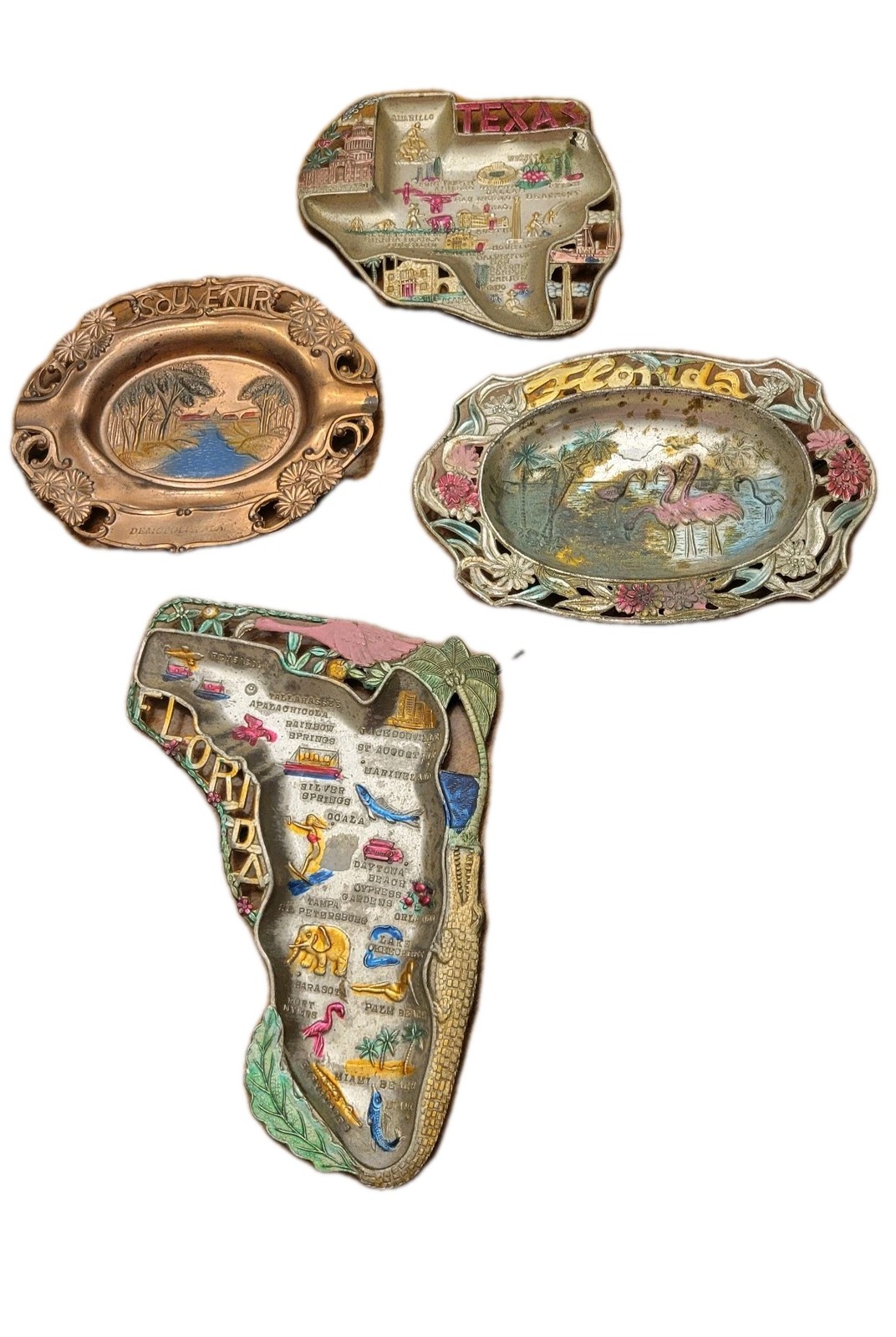 Vintage Lot of 4 State Souvenir Painted Metal Trinket Dish Ashtray Japan