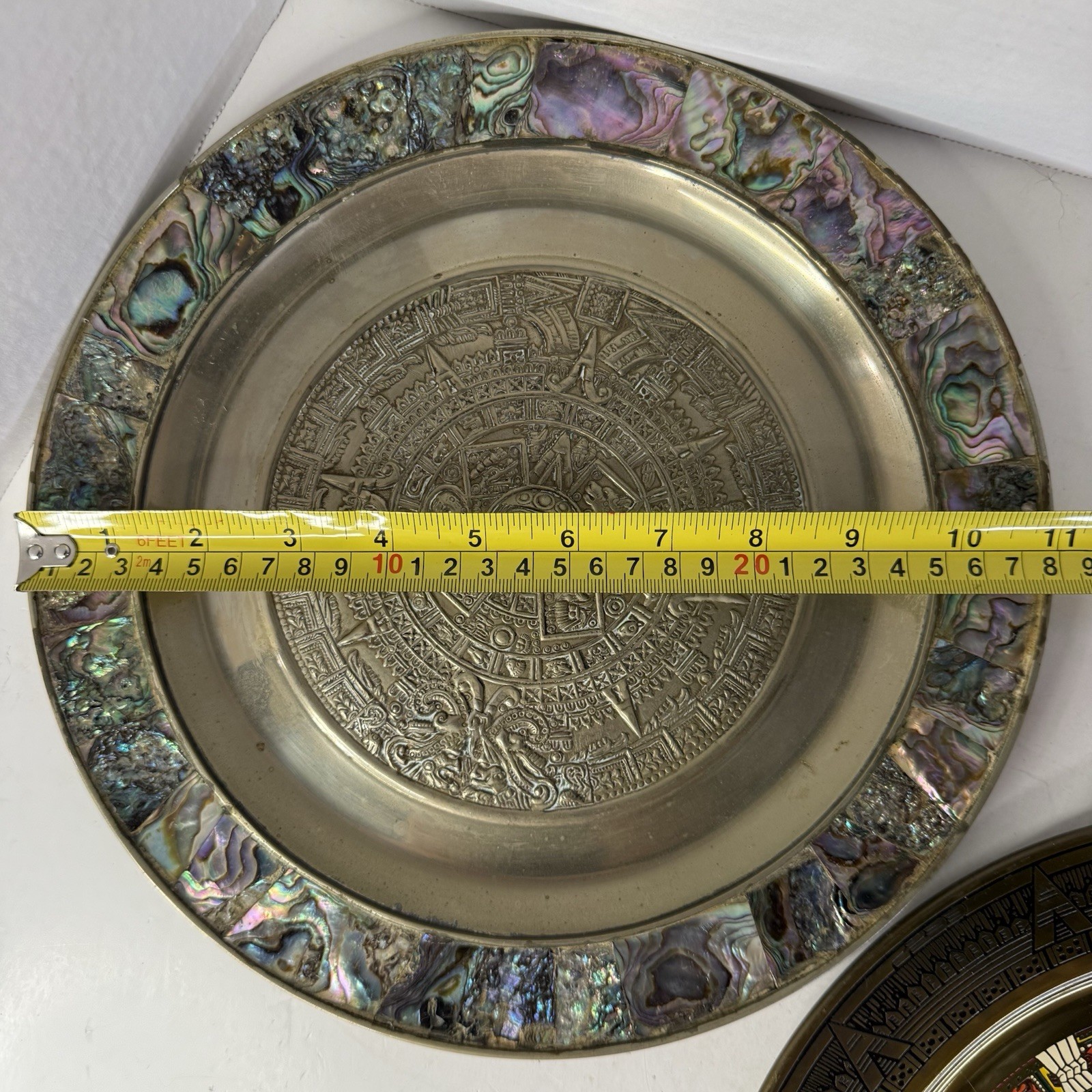 Vintage Set 11″ Aztec Sun Calendar Wall Plate Abalone Shell Inlay & Brass Mexico