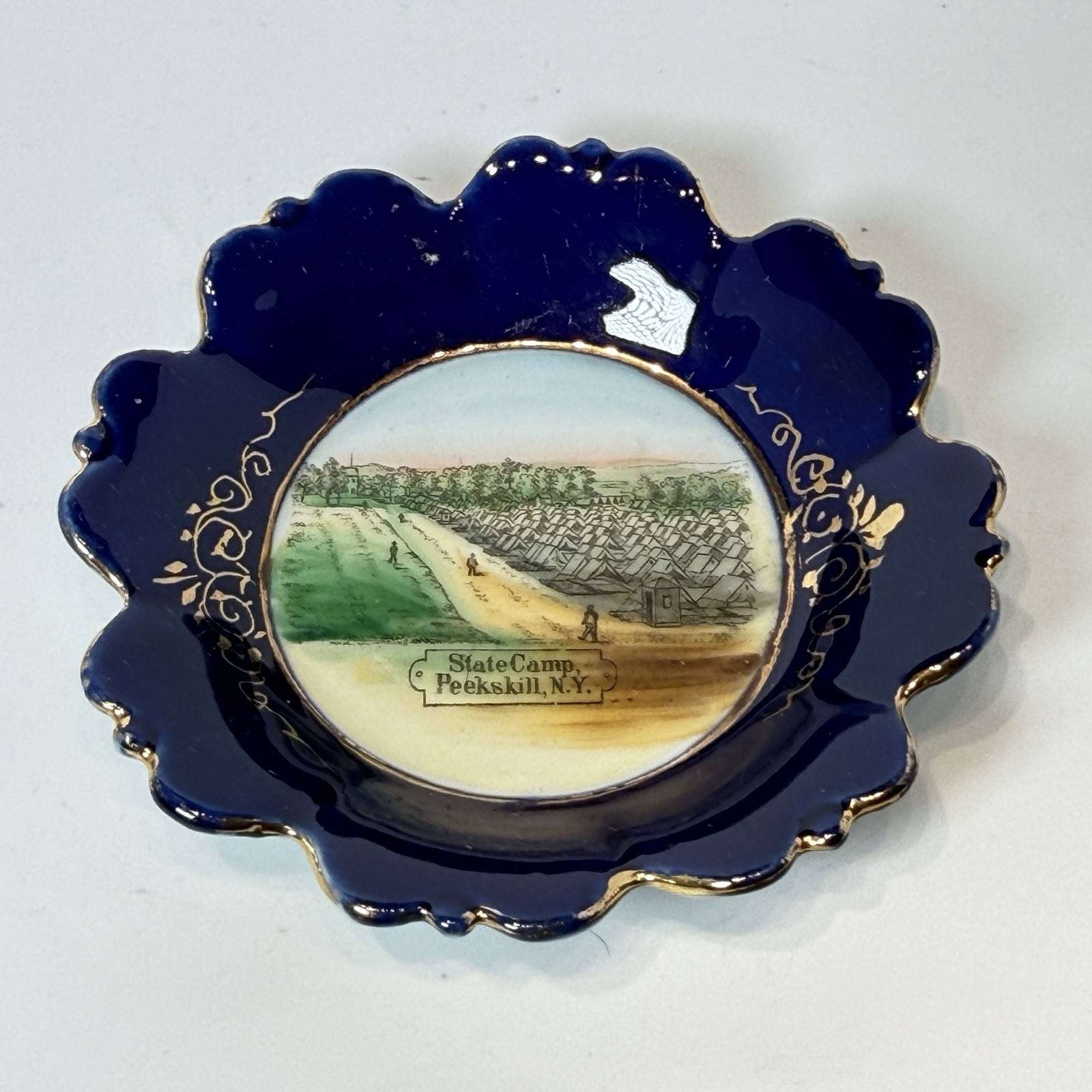 PEEKSKILL NY NEW YORK Souvenir Porcelain STATE CAMP Cobalt Trinket ANTIQUE Dish