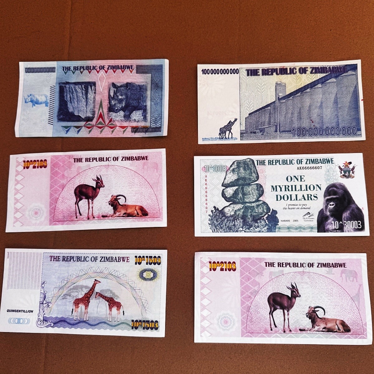 6pcs/set Zimbabwe 100 Trillion Billion 1 Myrillion Dollars Banknote Uncirculated