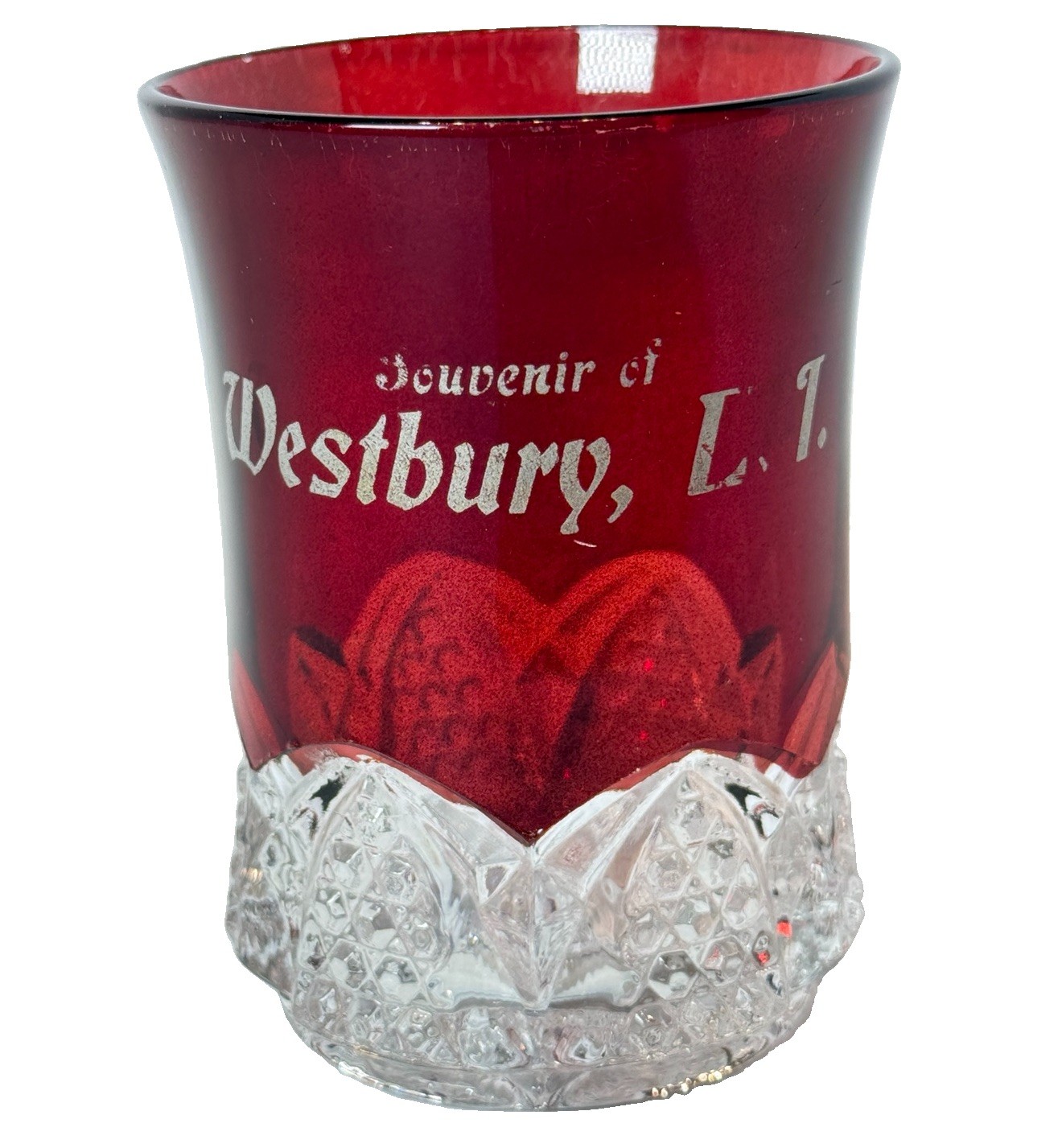 WESTBURY NY NEW YORK Ruby Red Flash LONG ISLAND Souvenir Glass TRINKET CUP
