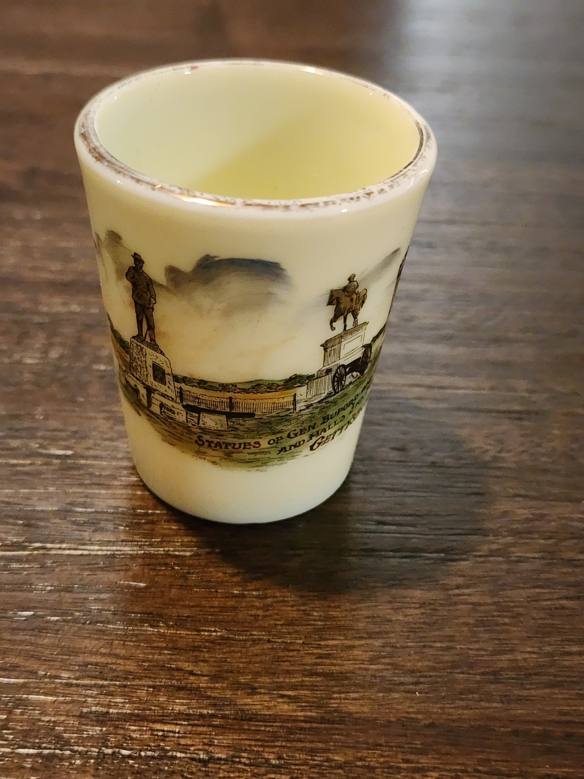 Statues Of Generals Buford Etc. Custard Glass Cup Souvenir -GETTYSBURG PA 2.5″