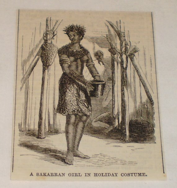 small 1870 magazine engraving~SAKARRAN GIRL IN HOLIDAY COSTUME ~ Dyaks in Borneo