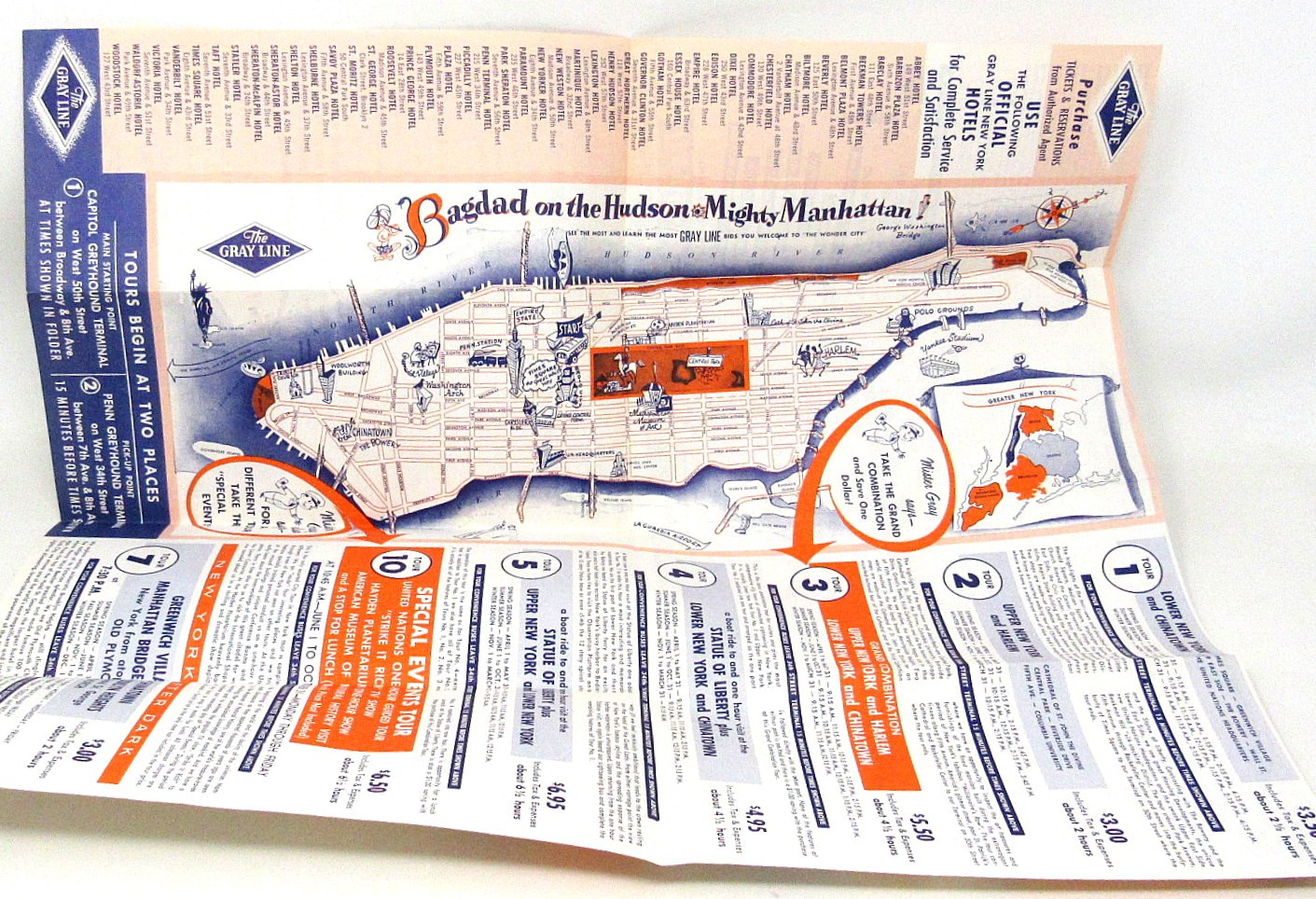 New York City Sightseeing Map Gray Line Folder 1956 NYC Vintage US Seller