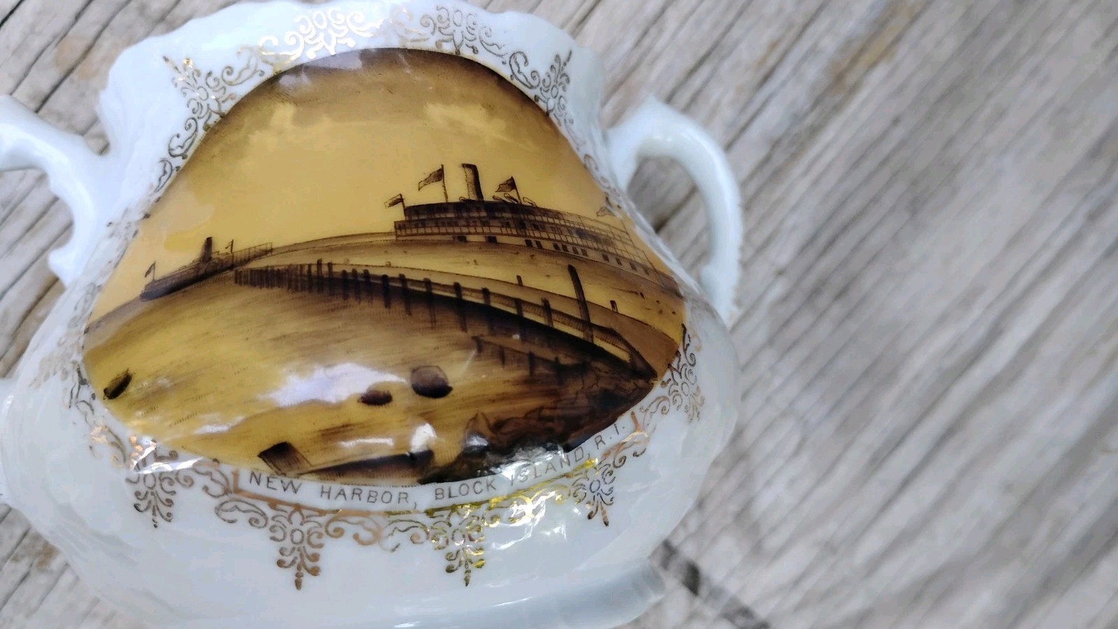 2 1800’s Block Island RI Souvenirs Steamboats Ocean House Austria Sugar Creamer