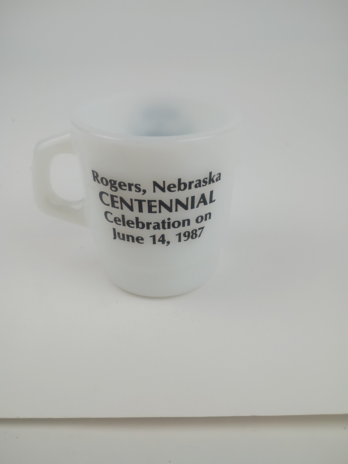 2 Rogers, Nebraska 1886-1986 Centennial GALAXY Milk Glass Mugs (oven proof)