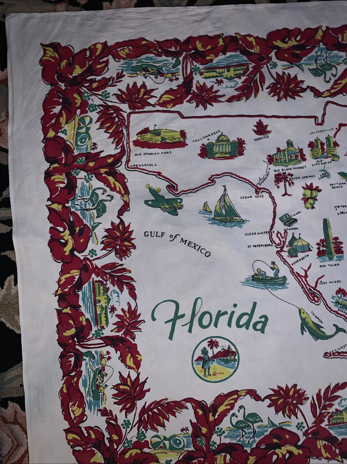 Florida Map Tablecloth 1950s 48 x 50″ Bright Colors Vintage Pre Disney Startex