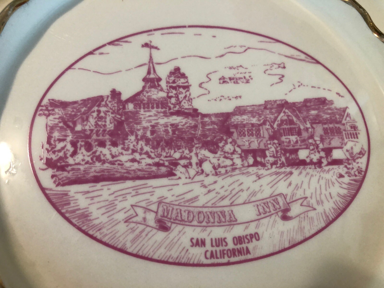 Vtg Madonna Inn Ceramic Ashtray Trinket Dish Gold Edges San Luis Obispo CA Hotel