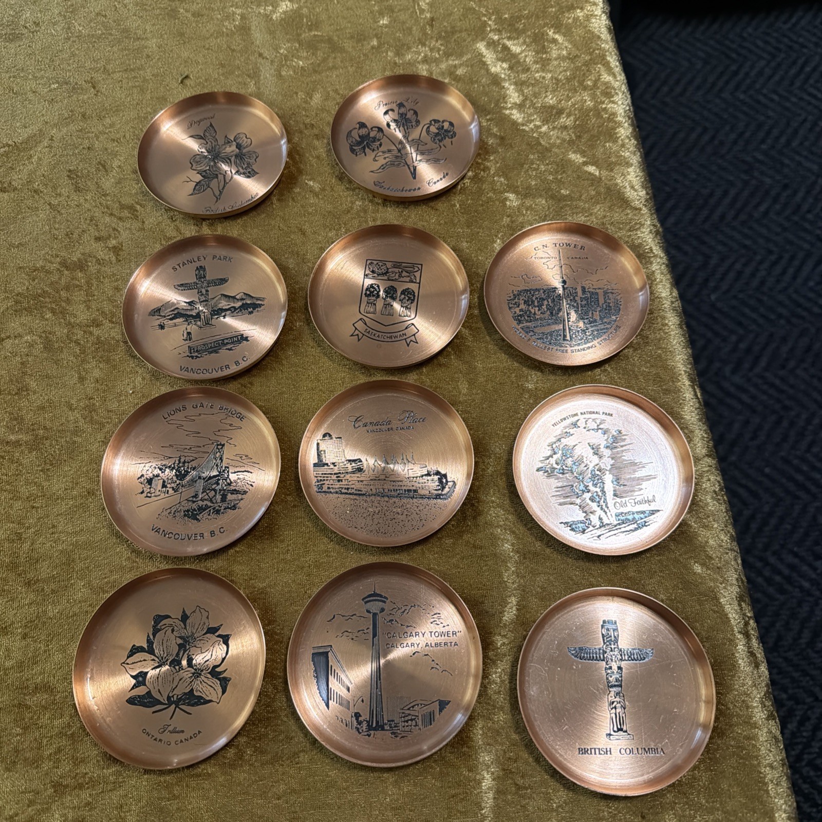 Set of 11 Vintage Copper Souvenir Trinket Dishes Canada BC Alberta