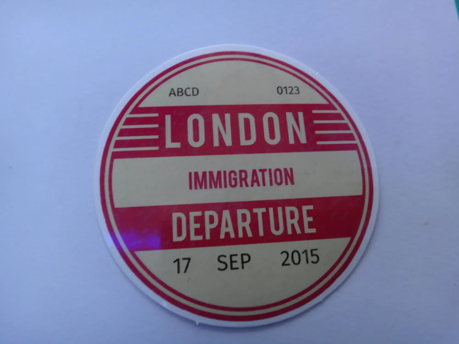 Vintage 2015 London Immigration Departure Round Travel Sticker Badge 2015