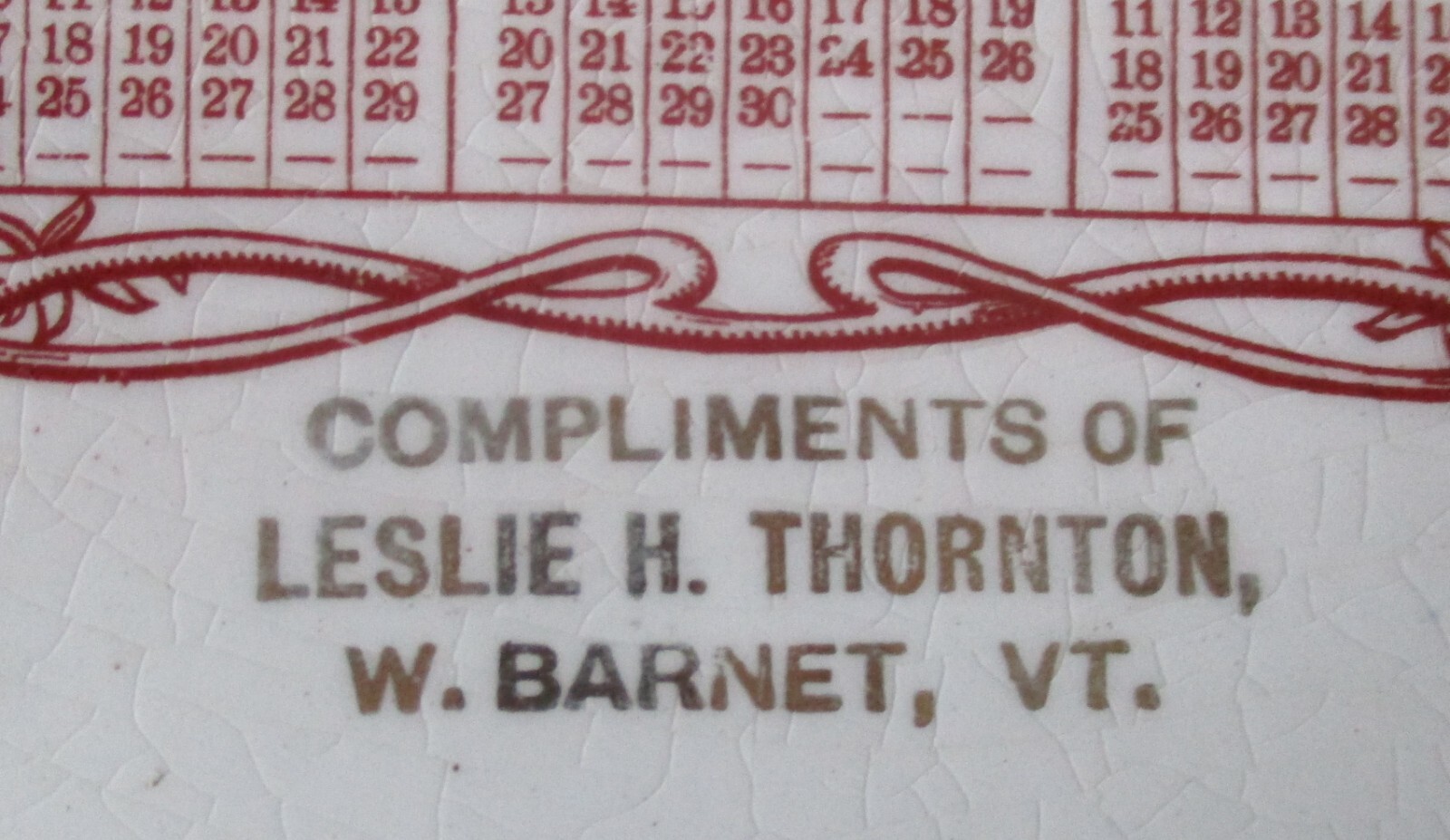 1910 Souvenir Advertising Calendar Plate Leslie Thornton West Barnet Vermont