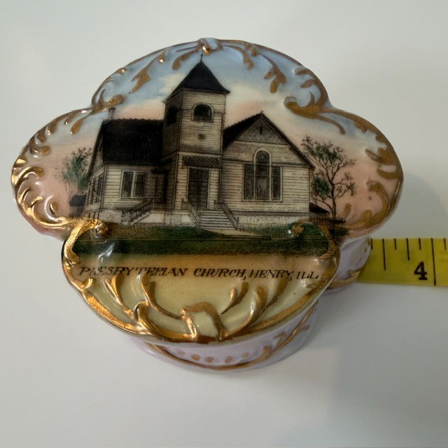 Early 1900s Henry Illinois Presbyterian Church Souvenir Trinket Box Lid Wheelock