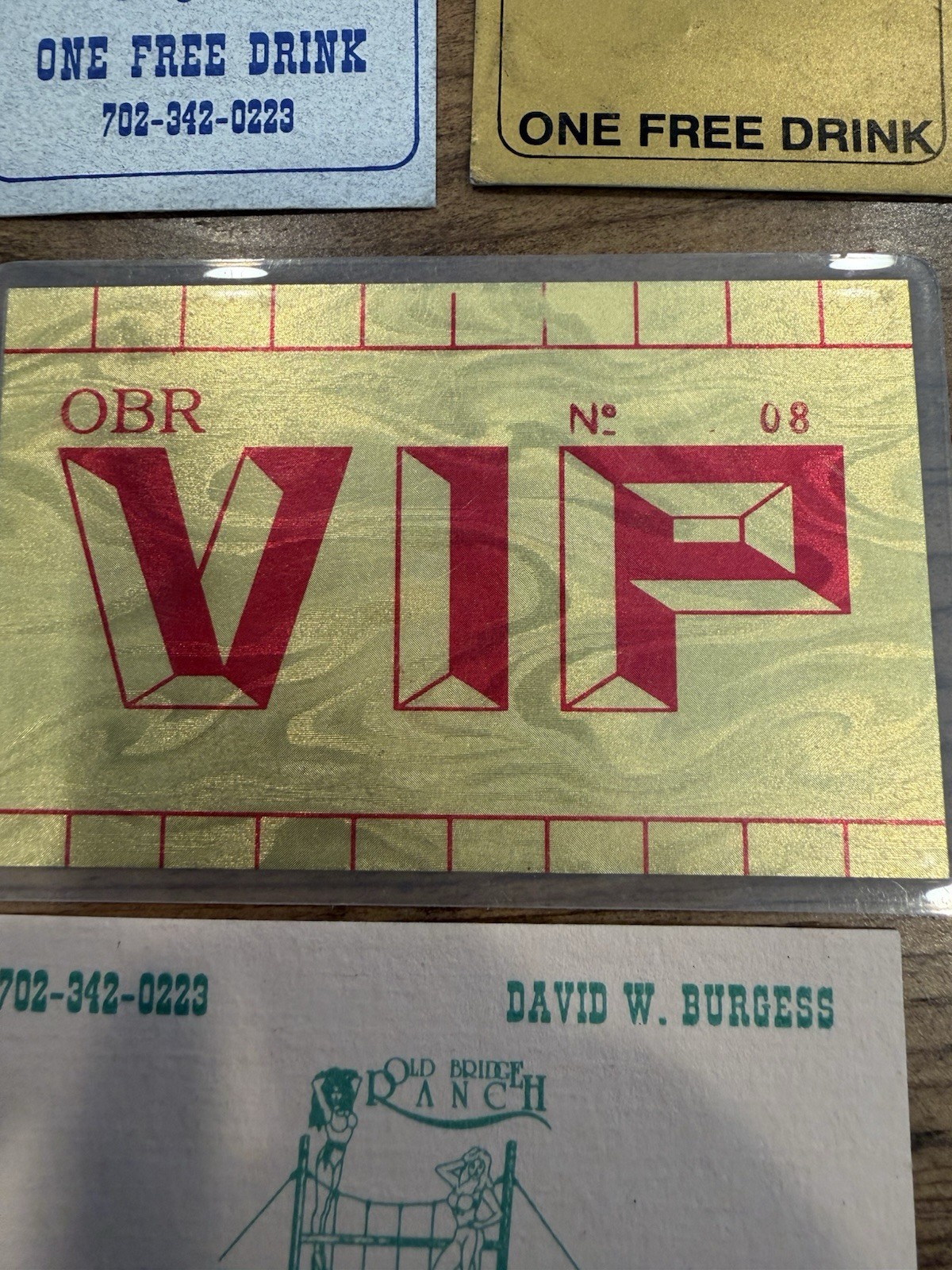 Old Bridge Ranch Brothel VIP Card, Drink Cards, Pin & Business Card Set