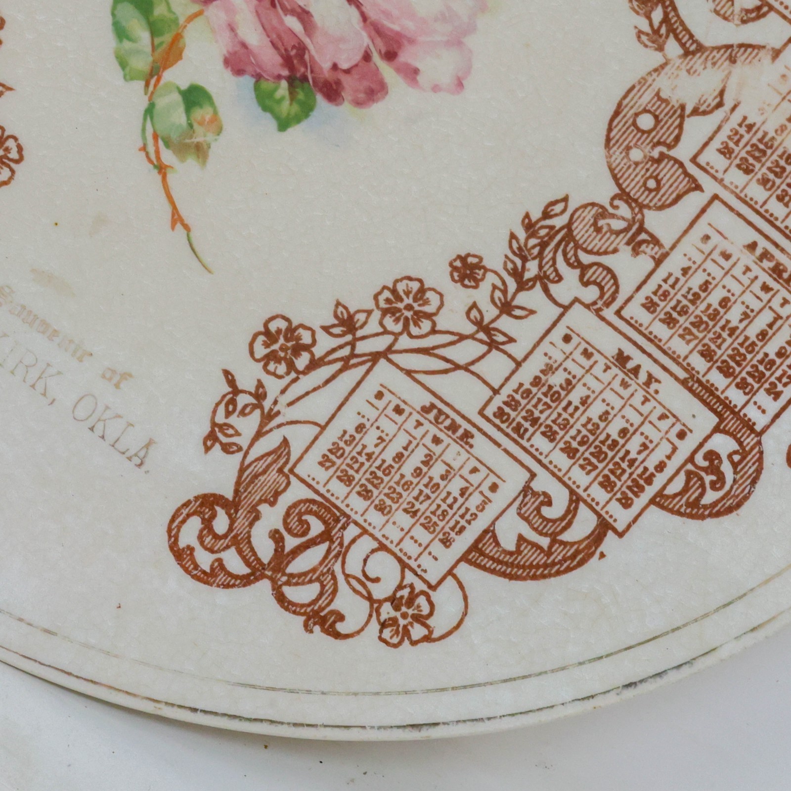 Antique 1909 Souvenir Calendar Plate Newkirk Oklahoma Pink Rose American ChinaCo