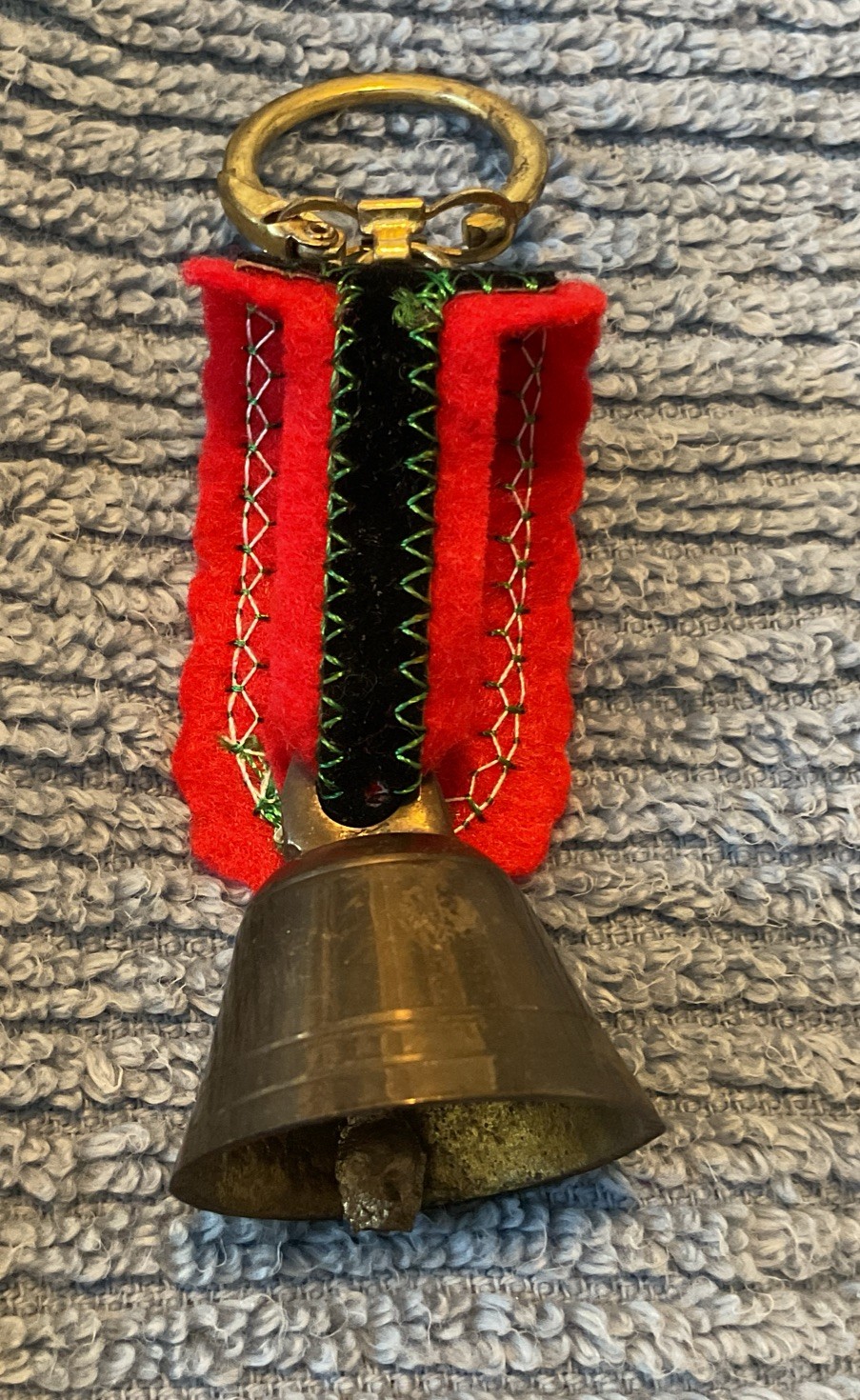 Vintage Swiss Switzerland Bell Keychain Souvenir Embroidered Heart Floral Gift
