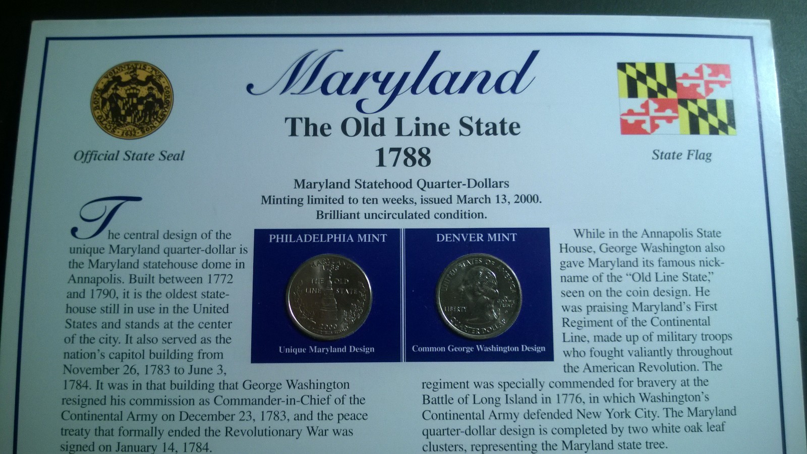 MARYLAND – THE OLD LINE STATE – DOUBLE SIDED PANEL WITH UNCIRCULATED COINS