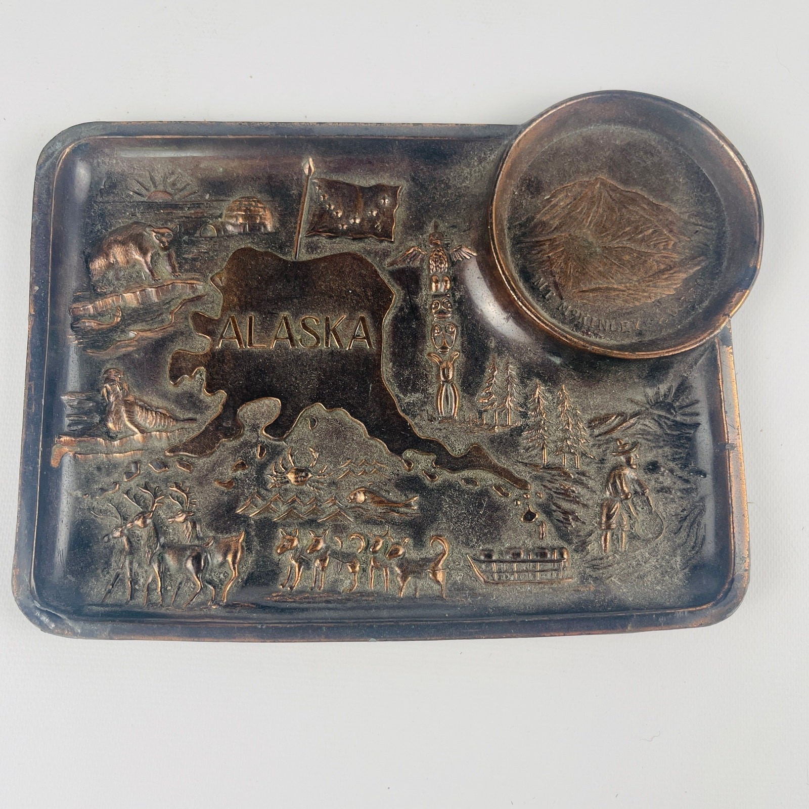 Vintage Alaska Mt. McKinley 20,320 Metal Souvenir Dish Copper Tone