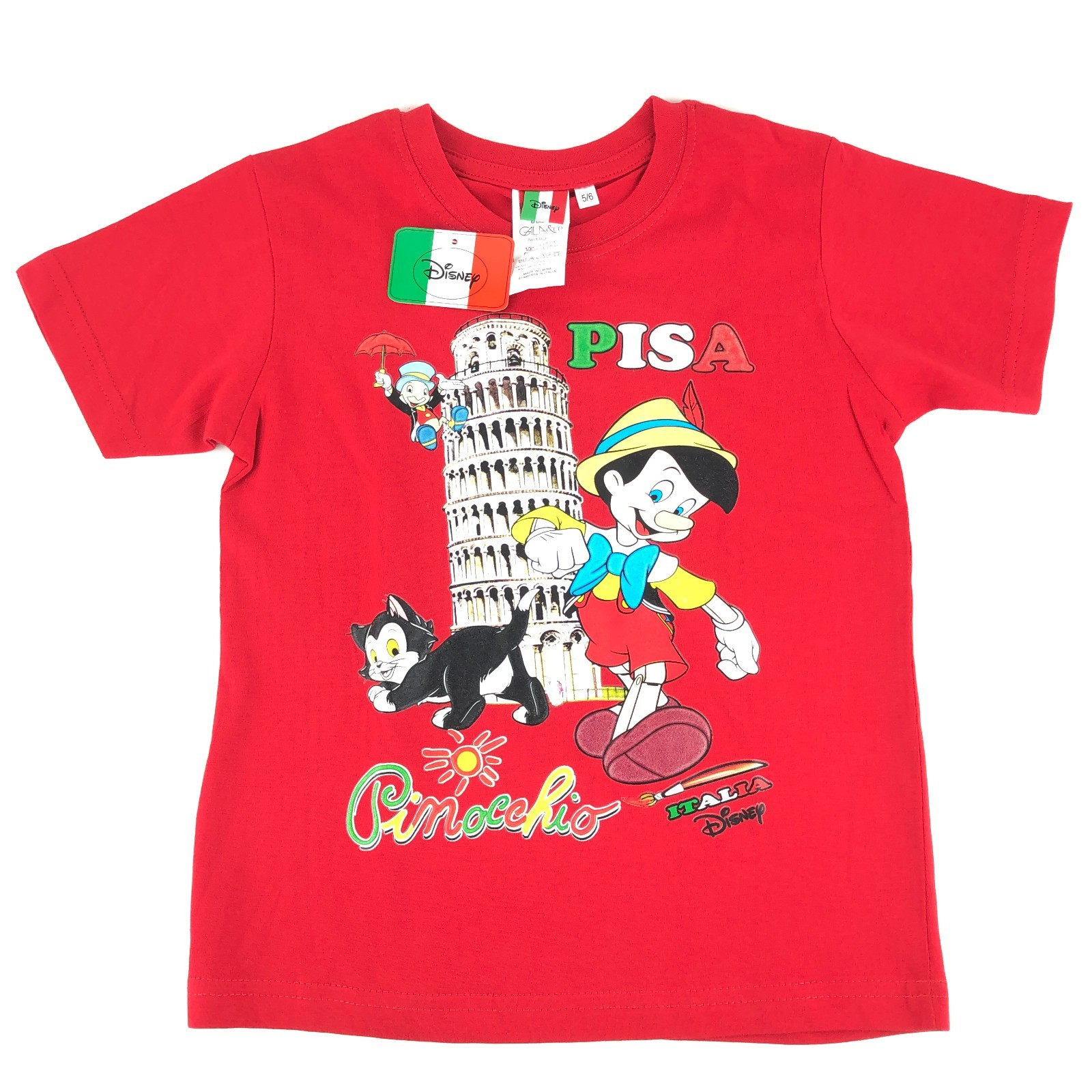 Disney Kids Tourist Souvenir T Shirt Italy Pisa Italia Pinocchio Red Sz 5/6 Gala