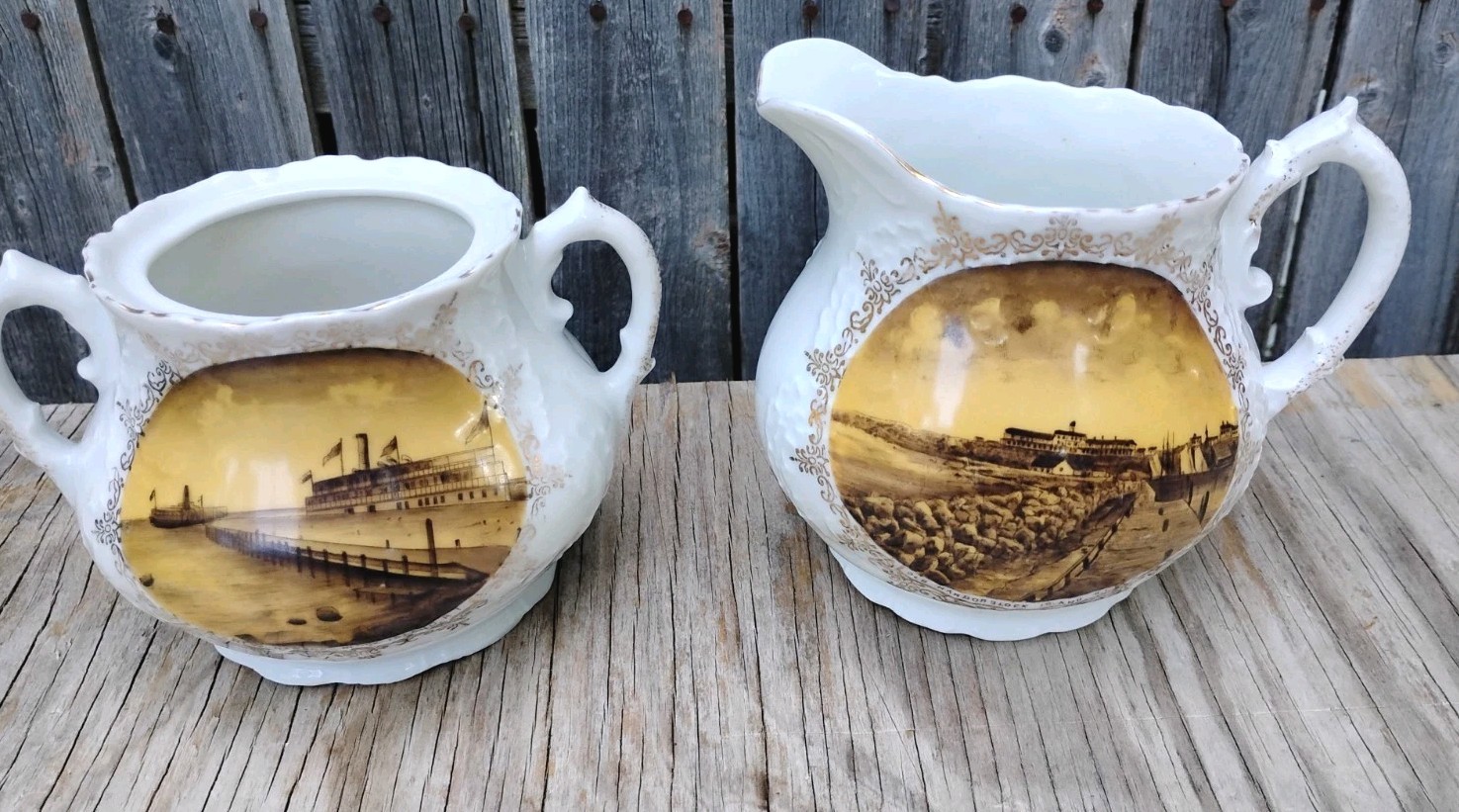 2 1800’s Block Island RI Souvenirs Steamboats Ocean House Austria Sugar Creamer