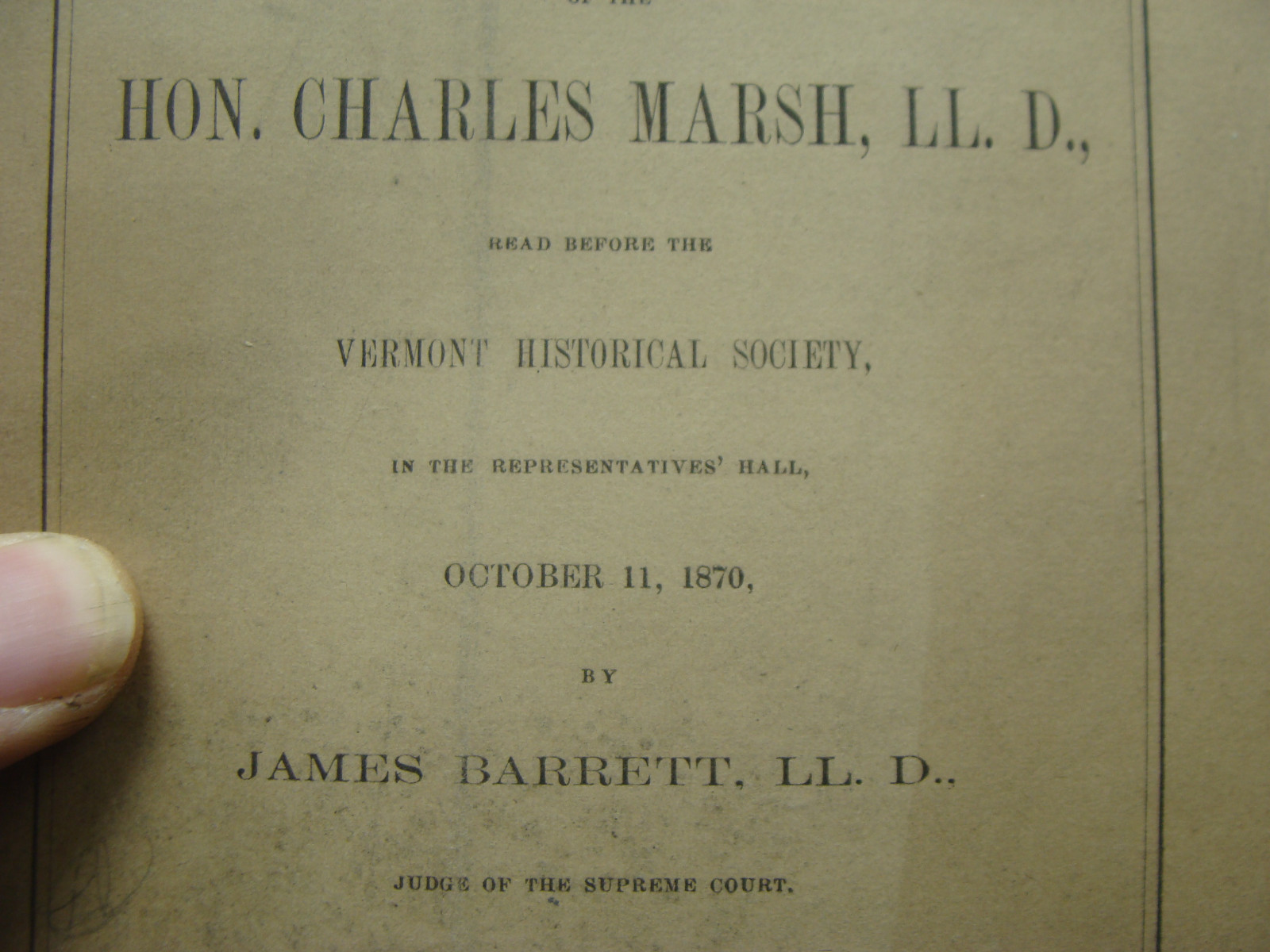 vintage Original – address on HON. CHARLES MARSH 1870 by James Barrett 54pgs