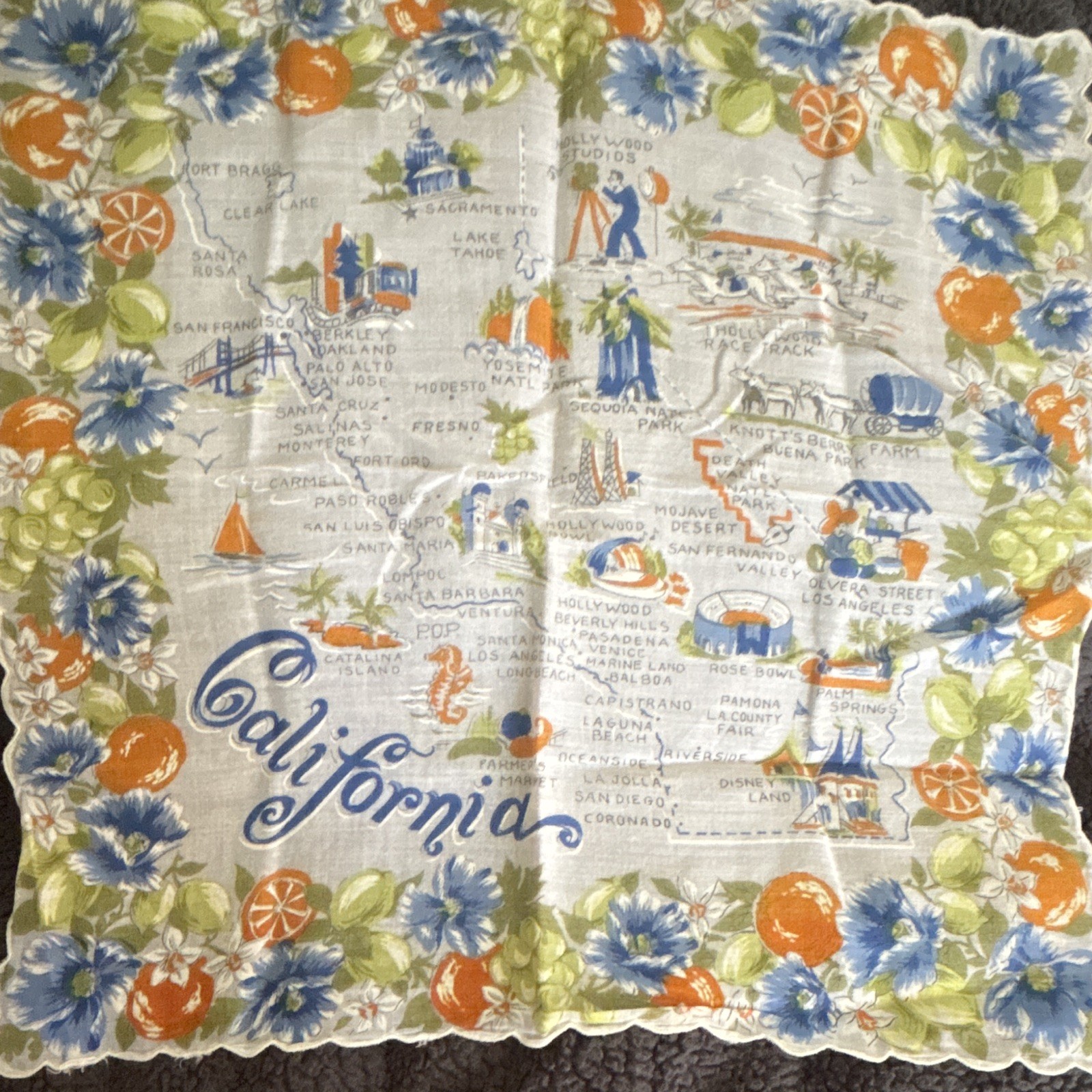 California Souvenir Scarf Map Print Handkerchief with Floral Border