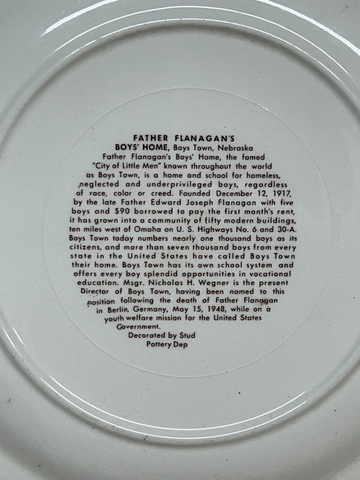 Vintage Father Flanagans Boys Home Boys Town Nebraska Souvenir Plate 9 in.
