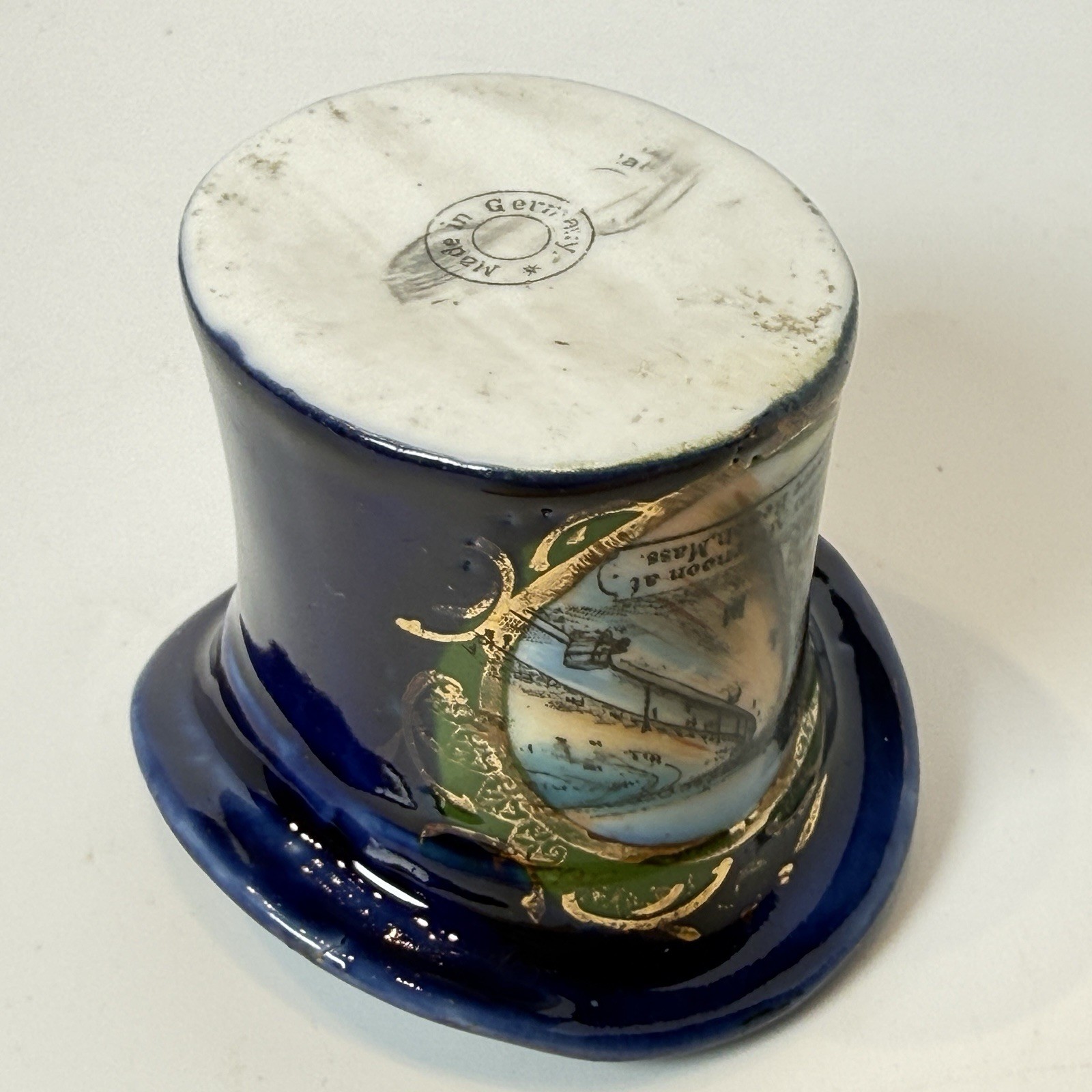 REVERE BEACH MA Massachusetts Souvenir Porcelain STREET VIEW COBALT TRINKET HAT