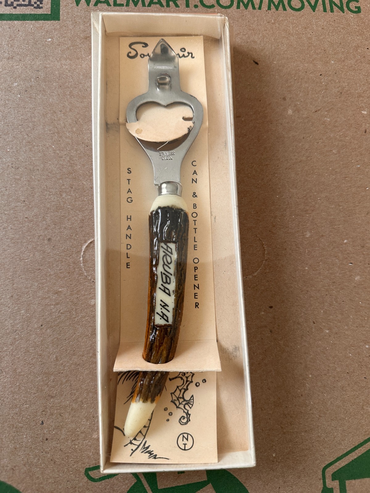 Vintage Aruba N.A. Souvenir Can Bottle Opener Stag Handle Mid Century In Box