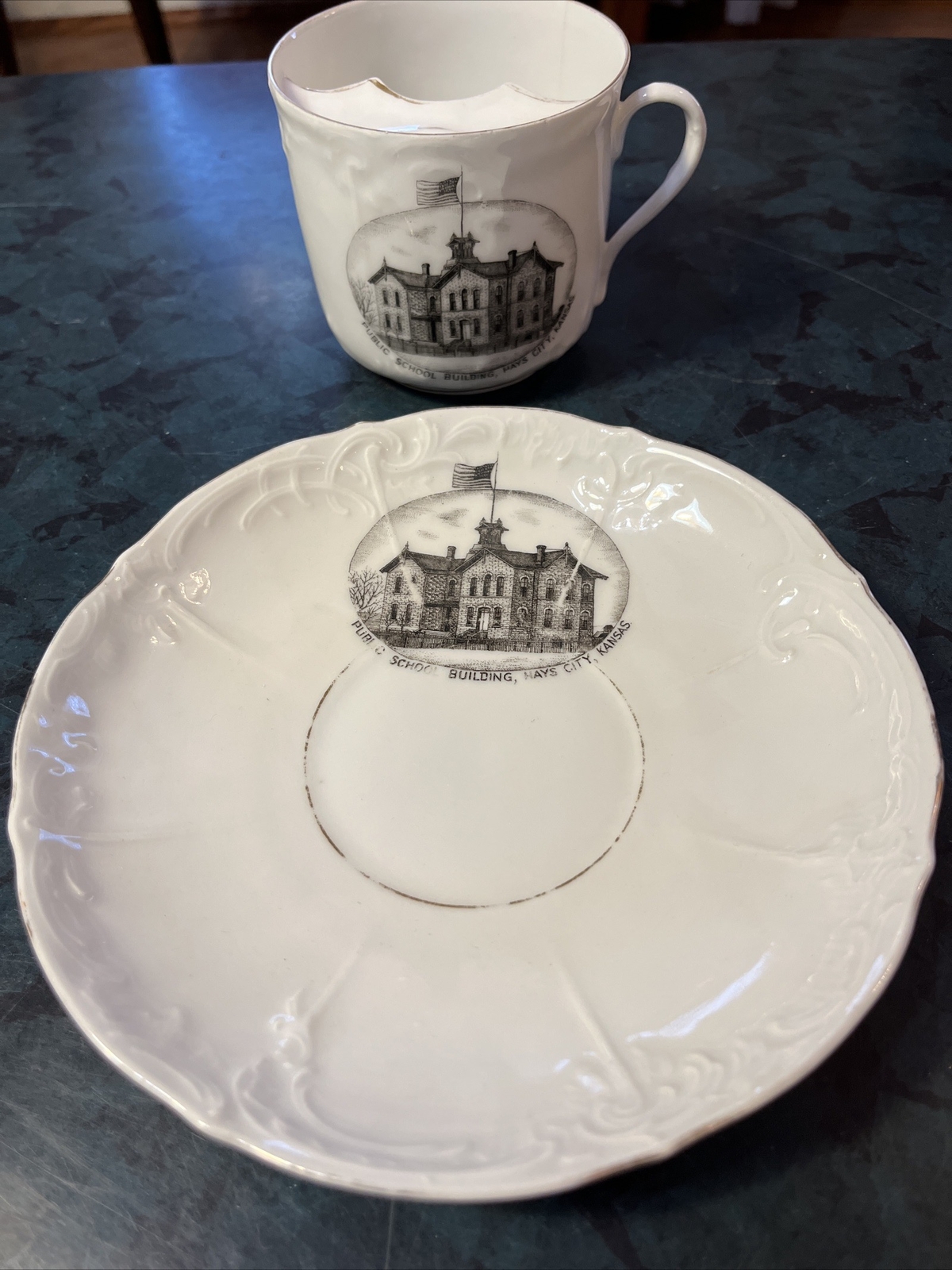 Mustache Cup & Saucer A Historic Schoolhouse Building KANSAS – Hays City 1870’s?