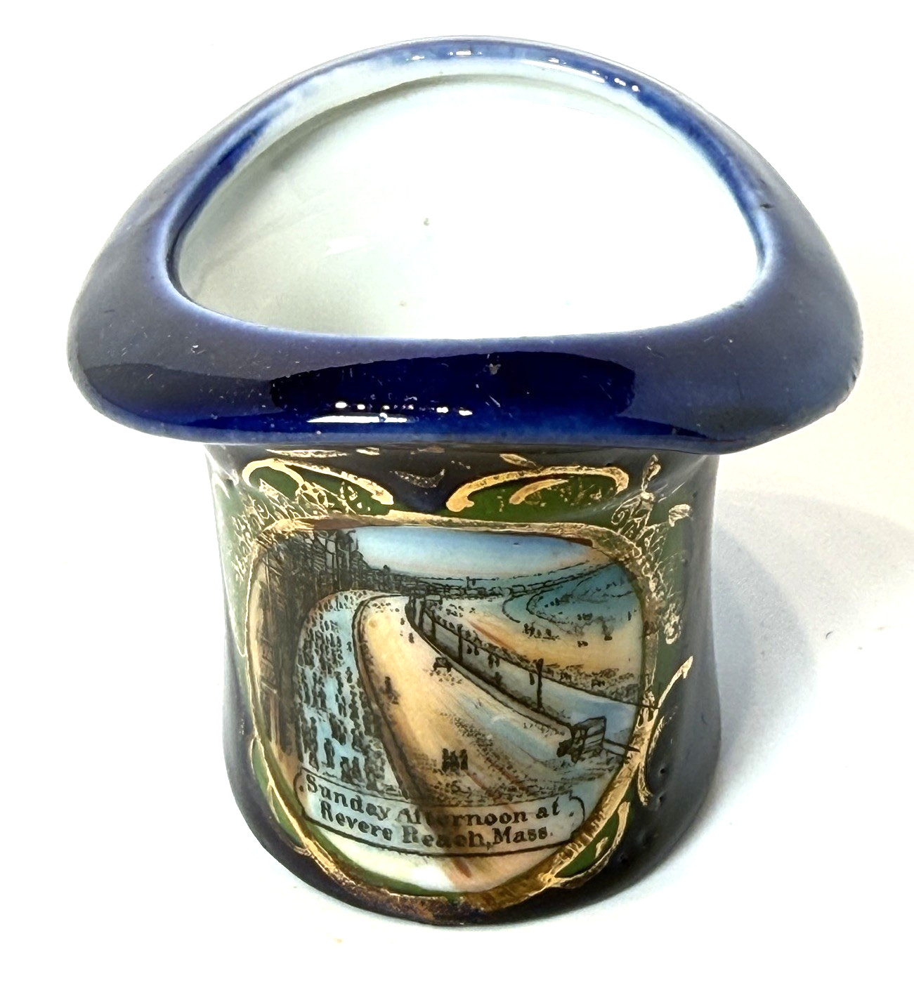REVERE BEACH MA Massachusetts Souvenir Porcelain STREET VIEW COBALT TRINKET HAT