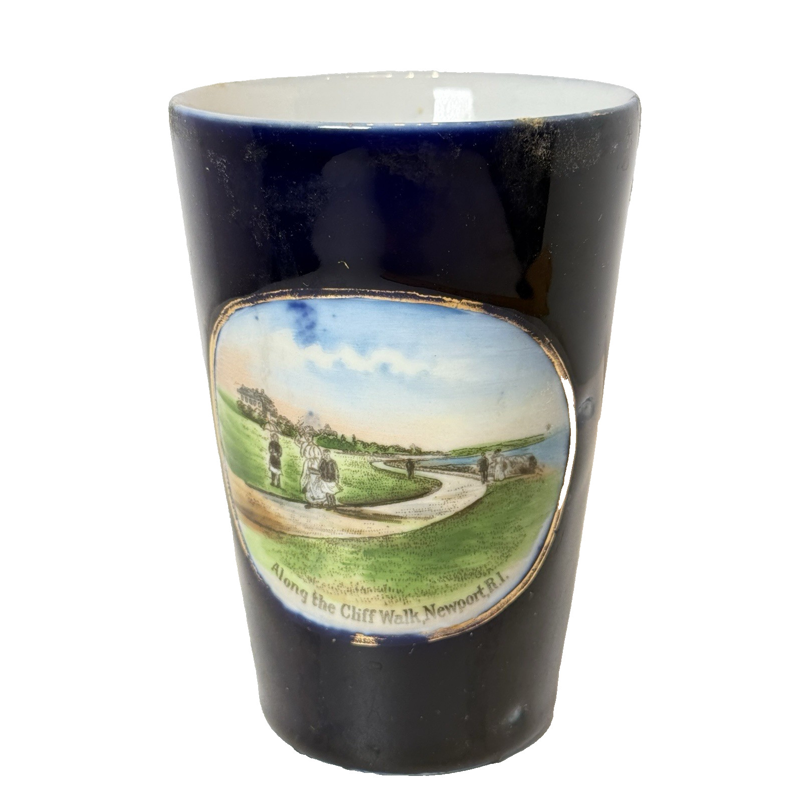 Newport , Rhode Island RI Antique ALONG THE CLIFF Souvenir Cobalt China Blue Cup
