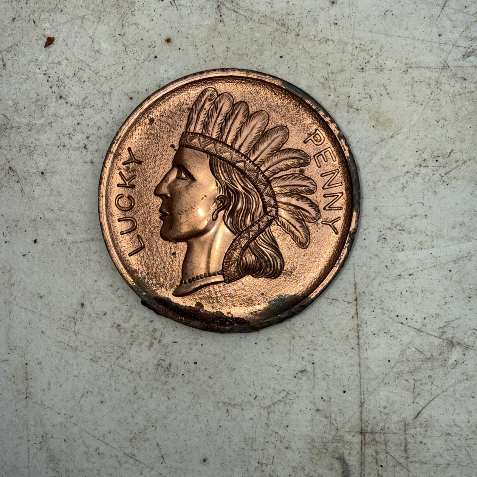 LARGE Vintage COPPER Color PAPERWEIGHT SOUVENIR INDIAN HEAD LUCKY PENNY Gambler