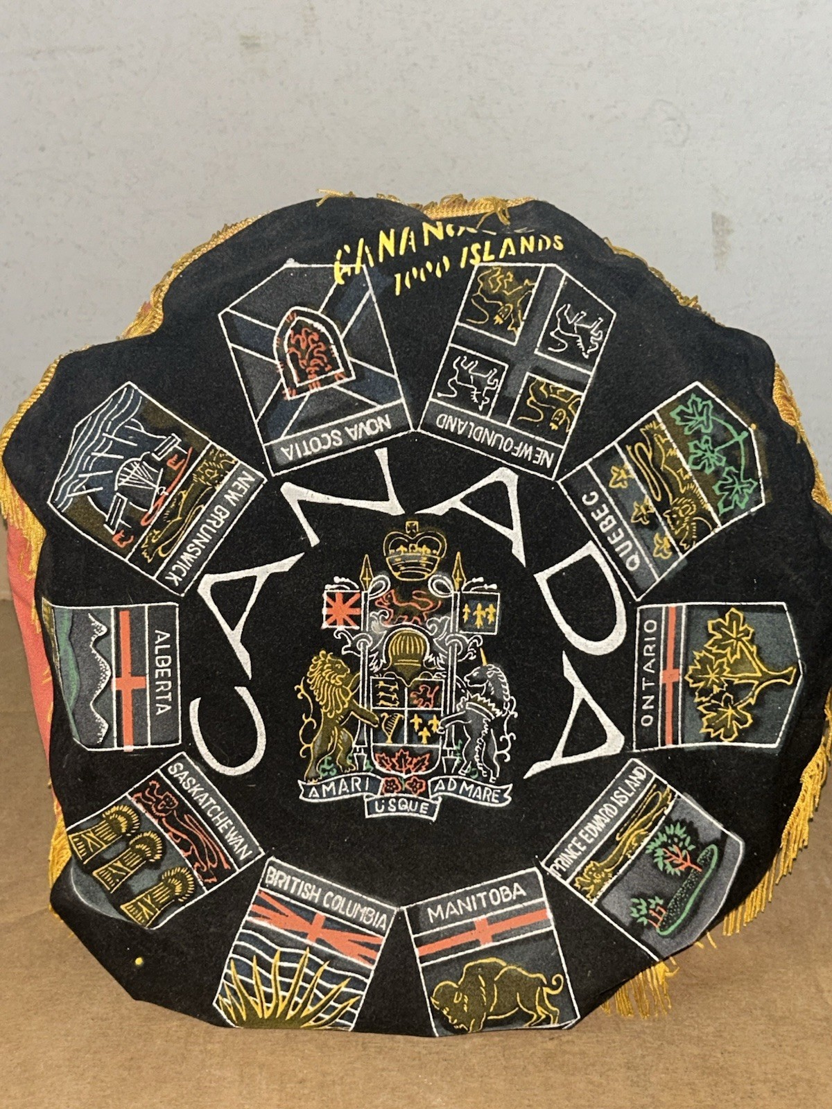 Vintage Canadian Souvenir Gananoque 1000 Islands Coat Of Arms Pillow Japan Made