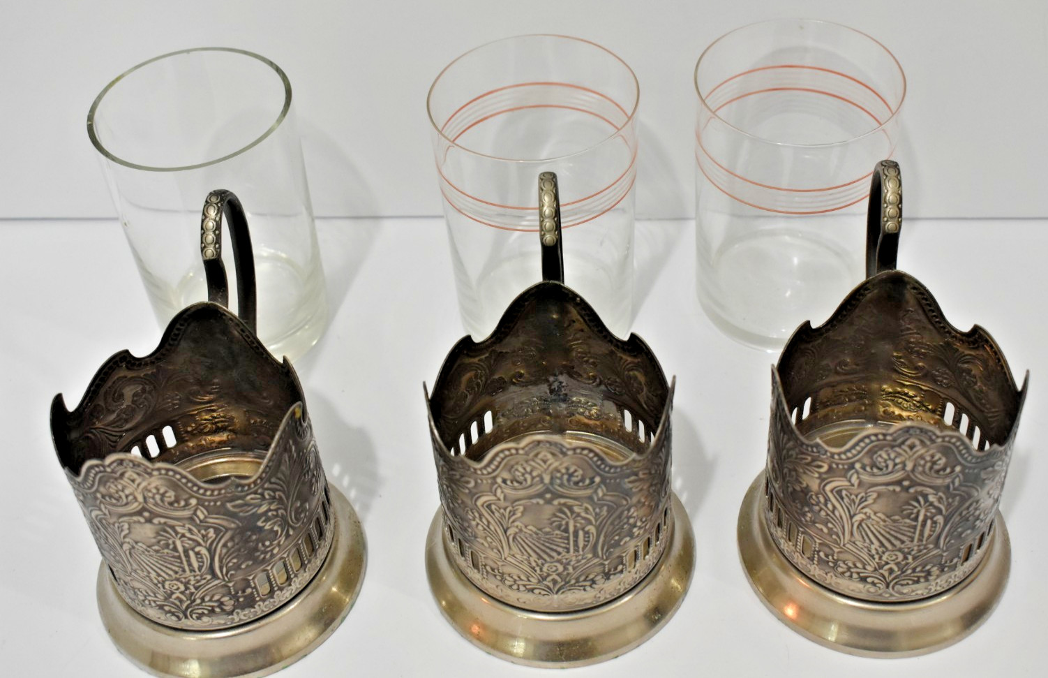 Set Of 3 Glass Holders PODSTAKANNIK Melchior Tea Cups Soviet Russian Palm.