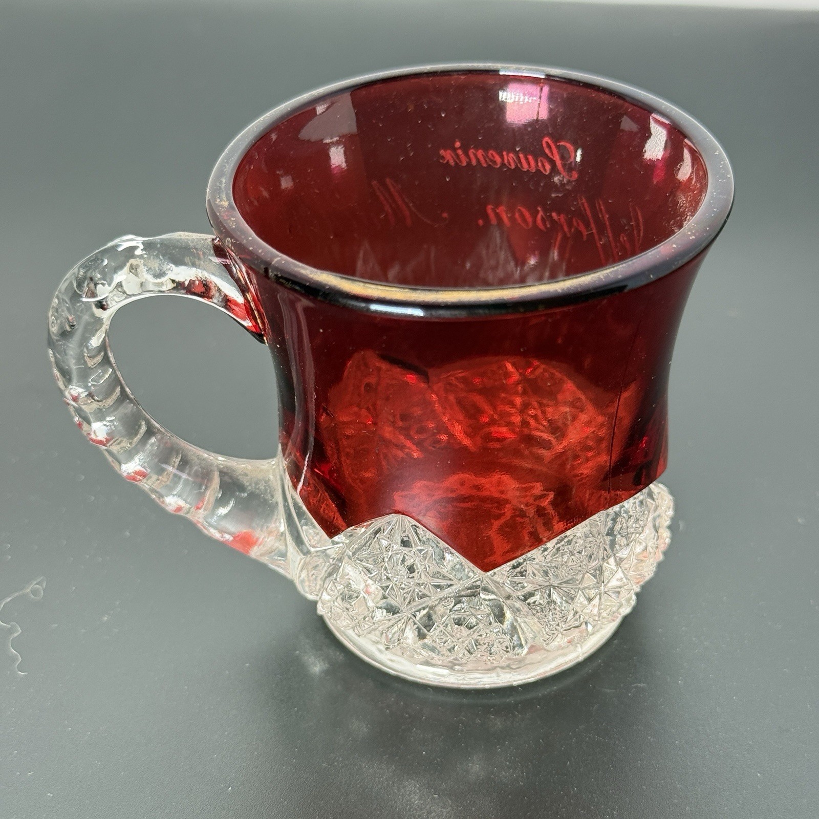 JEFFERSON MA Massachusetts Ruby Red Flash Souvenir Glass CUT GLASS CUP MUG
